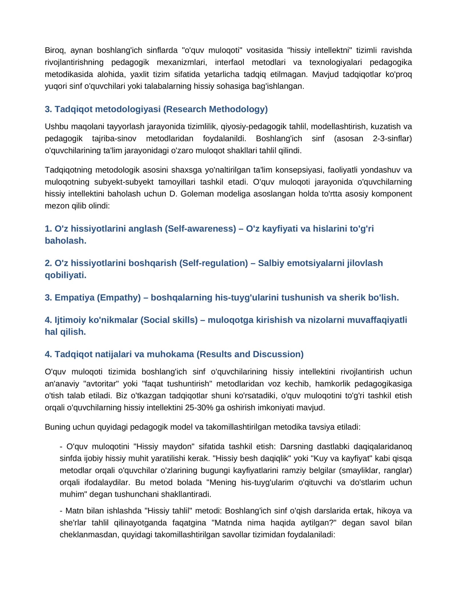 O‘quv muloqoti asosida boshlang‘ich sinf o‘quvchilarining hissiy  Intellektini Rivojlantirish Metodikasi 2