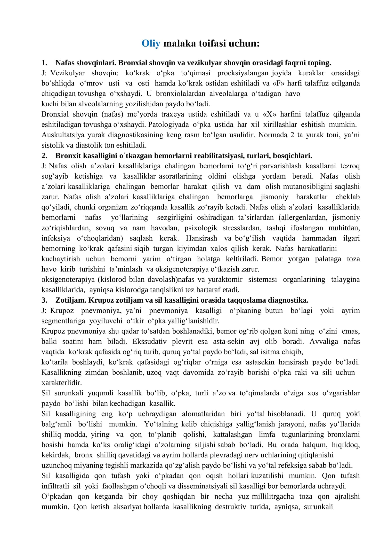 O’RTA TIBBIYOT XODIMLARI UCHUN OLIY  MALAKA TOIFASI SAVOL JAVOBLARI 2