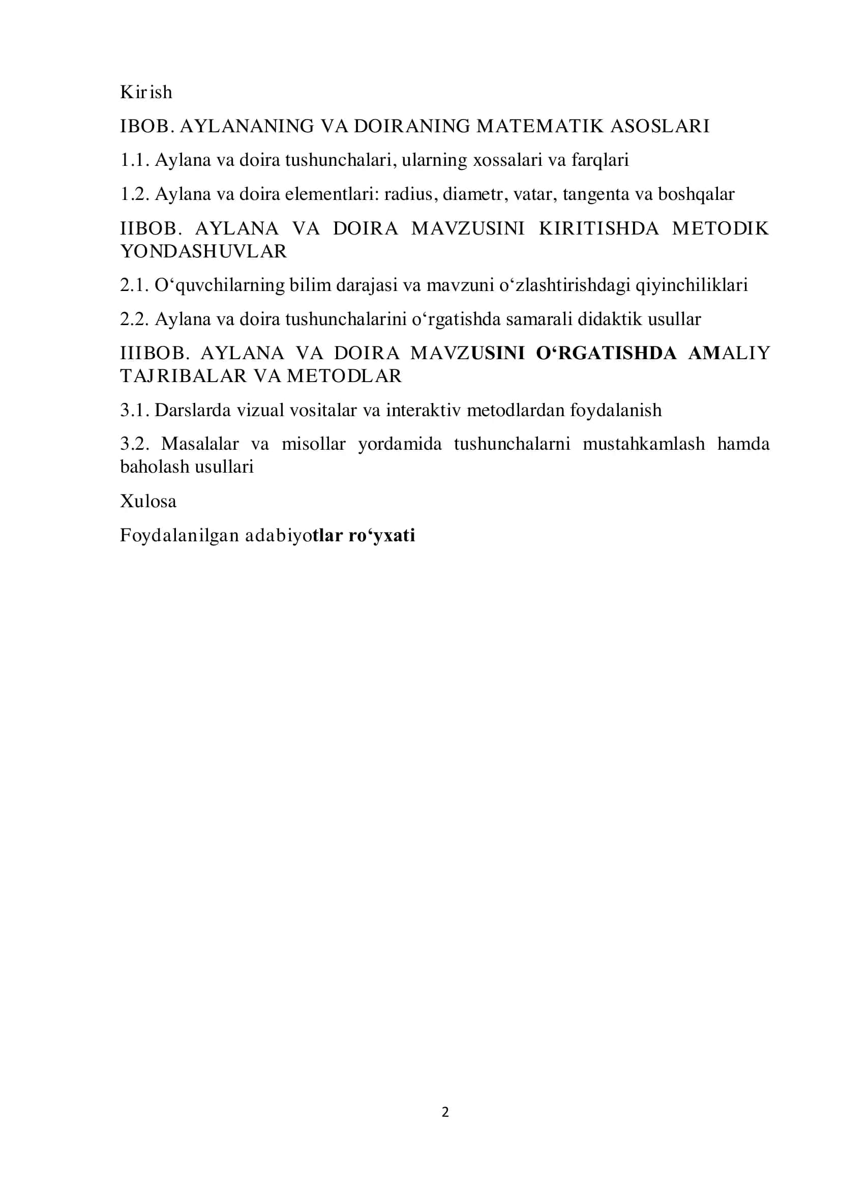 Maktab matematika kursida aylana va doira mavzusiga oid asosiy tushunchalarni 2