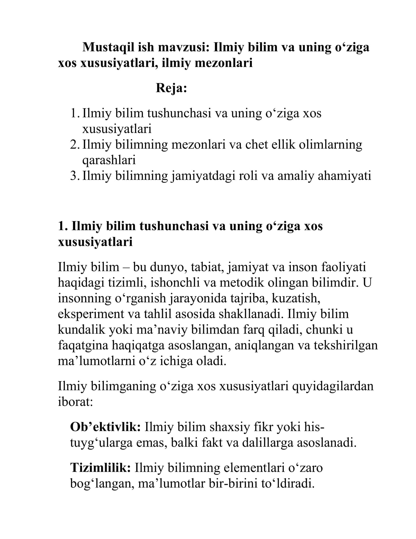 Ilmiy bilim va uning o‘ziga xos xususiyatlari, ilmiy mezonlari 2
