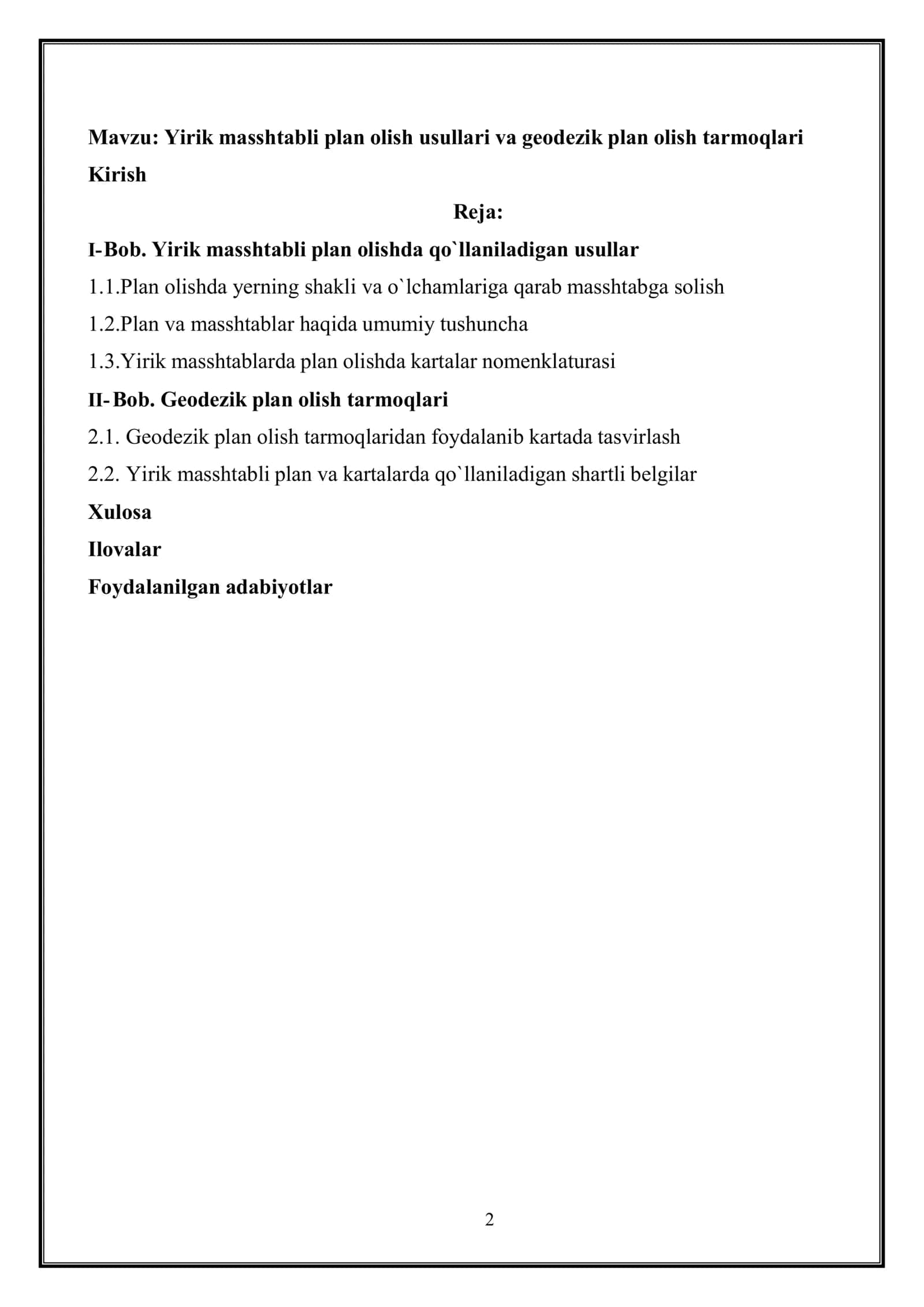 KURS ISHI: Yirik masshtabli plan olish usullari va geodezik plan olish tarmoqlari 2
