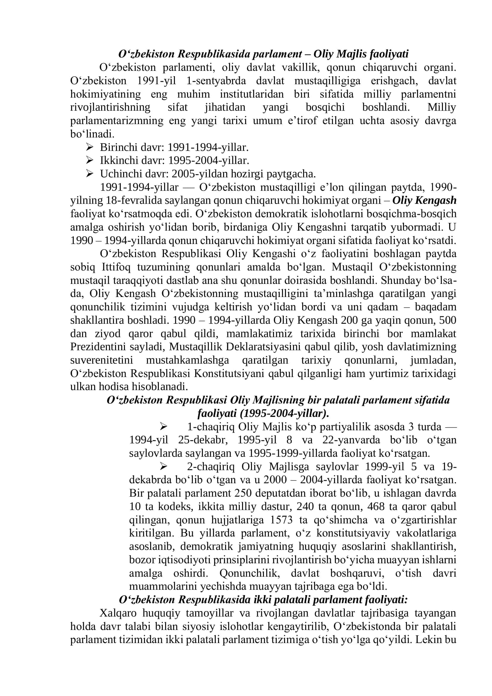 O‘zbekistonda demokratik, fuqarolik jamiyati asoslarining shakllanishi, amalga oshirilgan siyosiy islohotlar 2