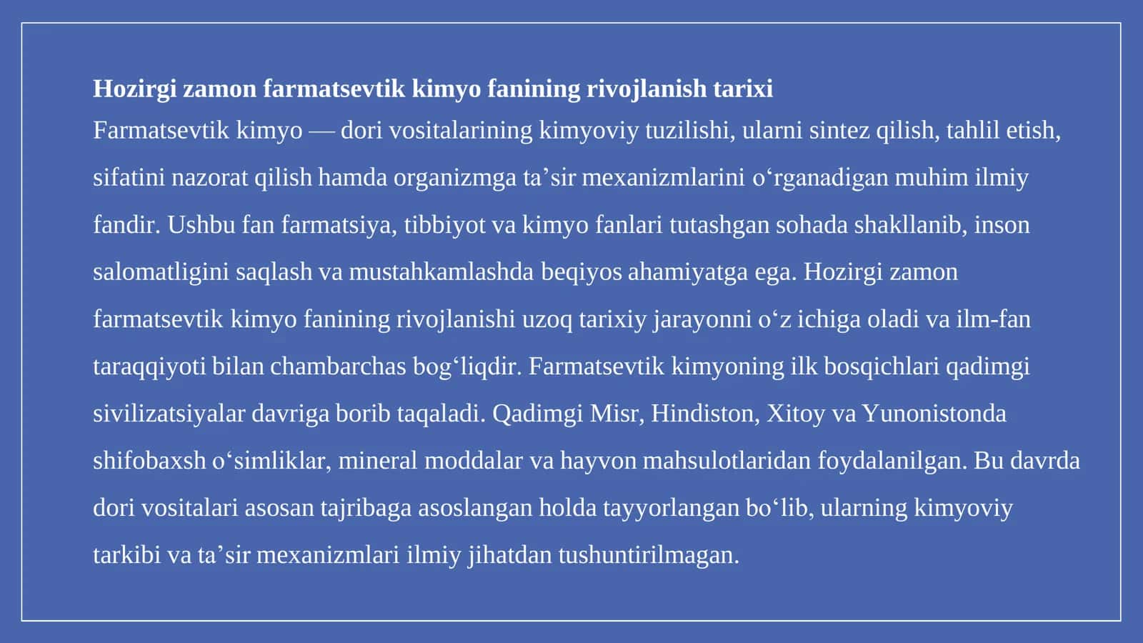 Farmatsevtik kimyo fani Fani bo’yicha MUSTAQIL ISHI 2