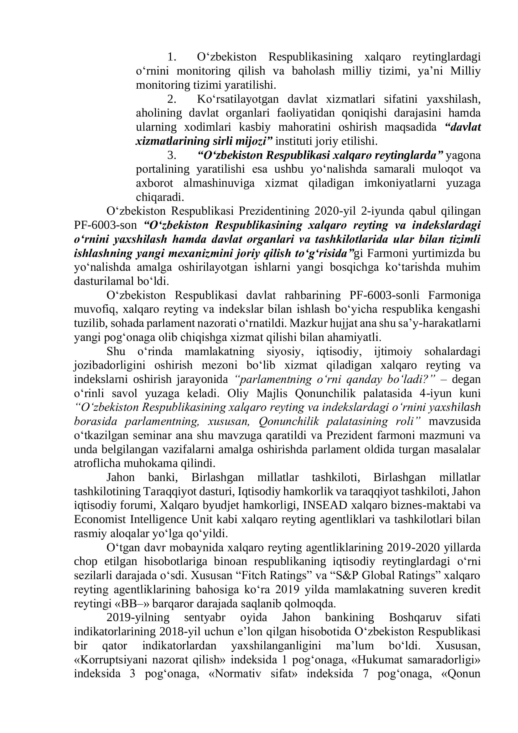 Yangi O‘zbekiston ijtimoiy-siyosiy, iqtisodiy va madaniy hayotida roʻy berayotgan oʻzgarishlarning xalqaro reyting va indekslarda aks etishi 2