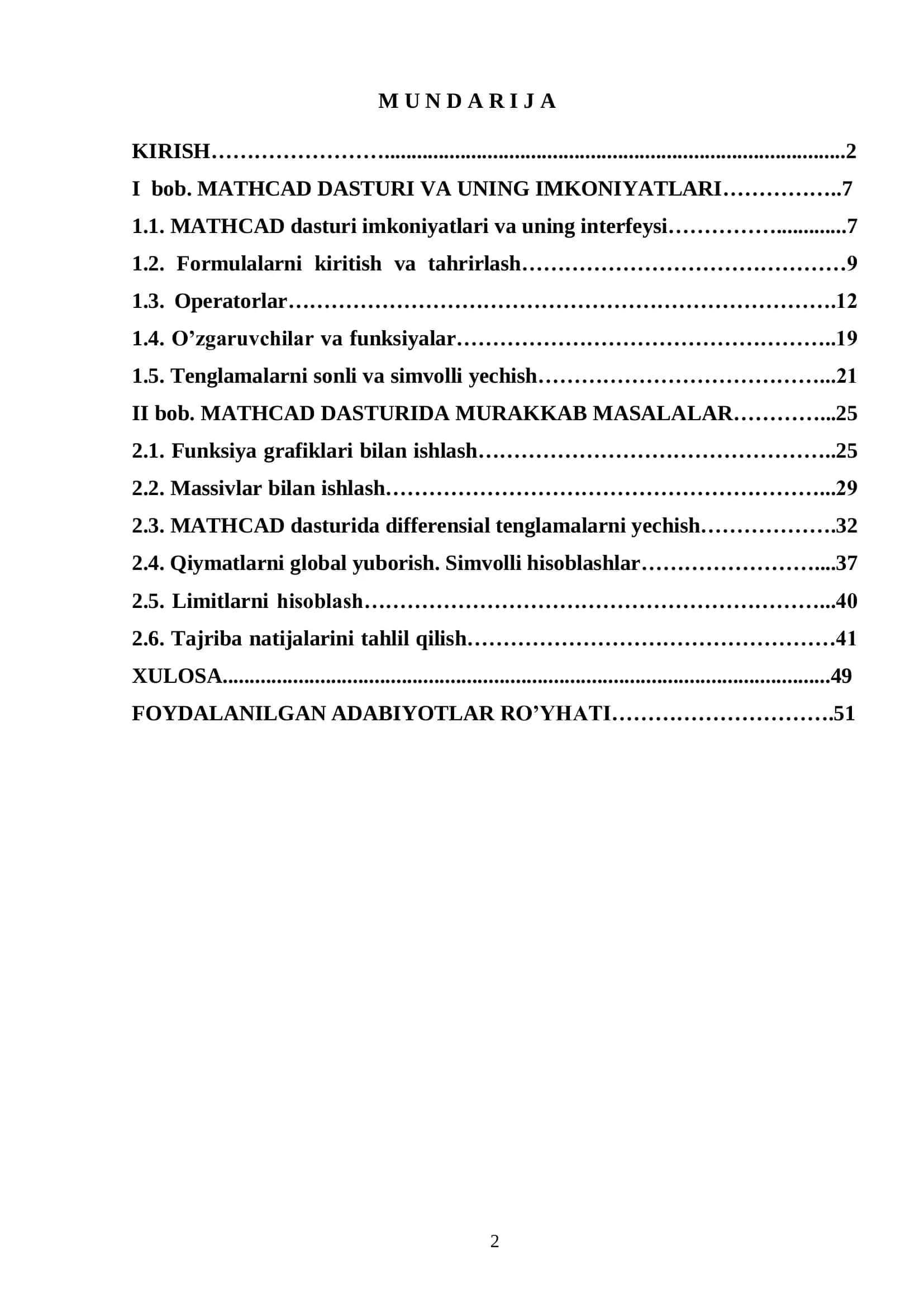 Matematik masalalarni MATHCAD dasturi yordamida yechish 2