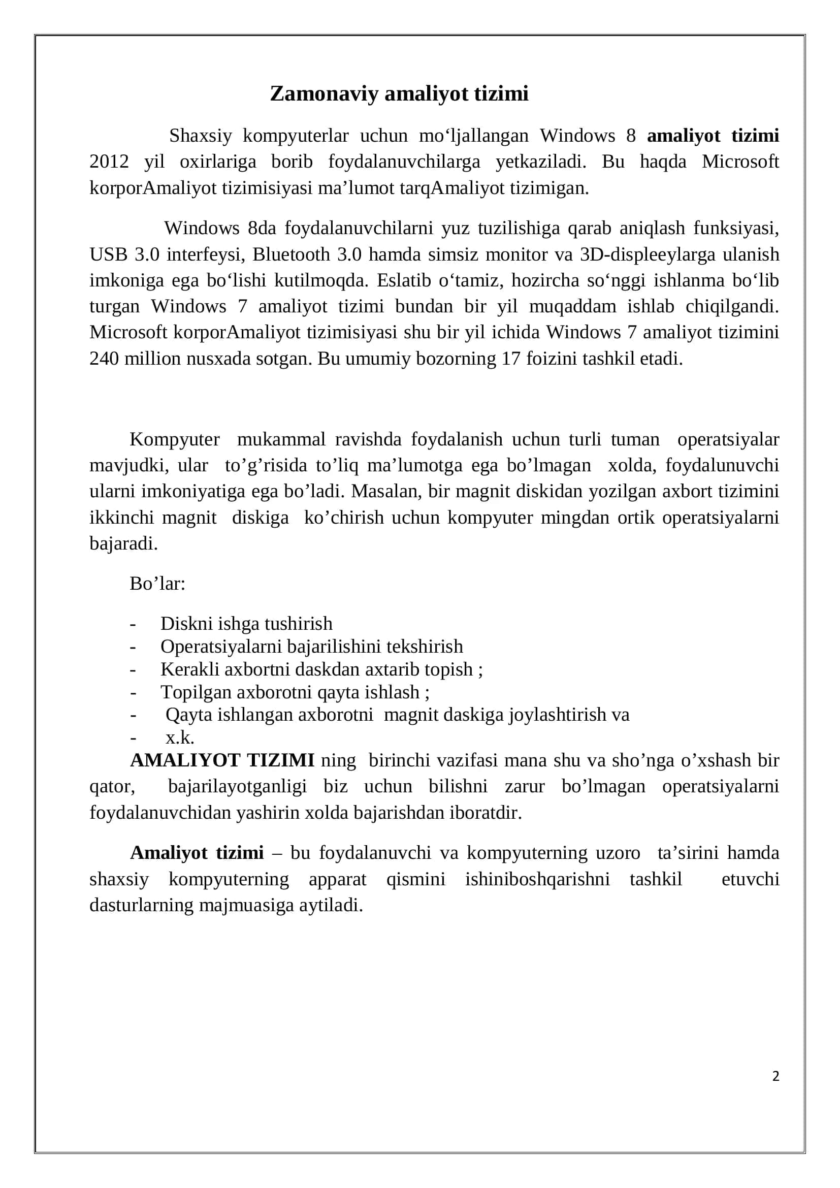 Zamonaviy amaliyot tizimi 2