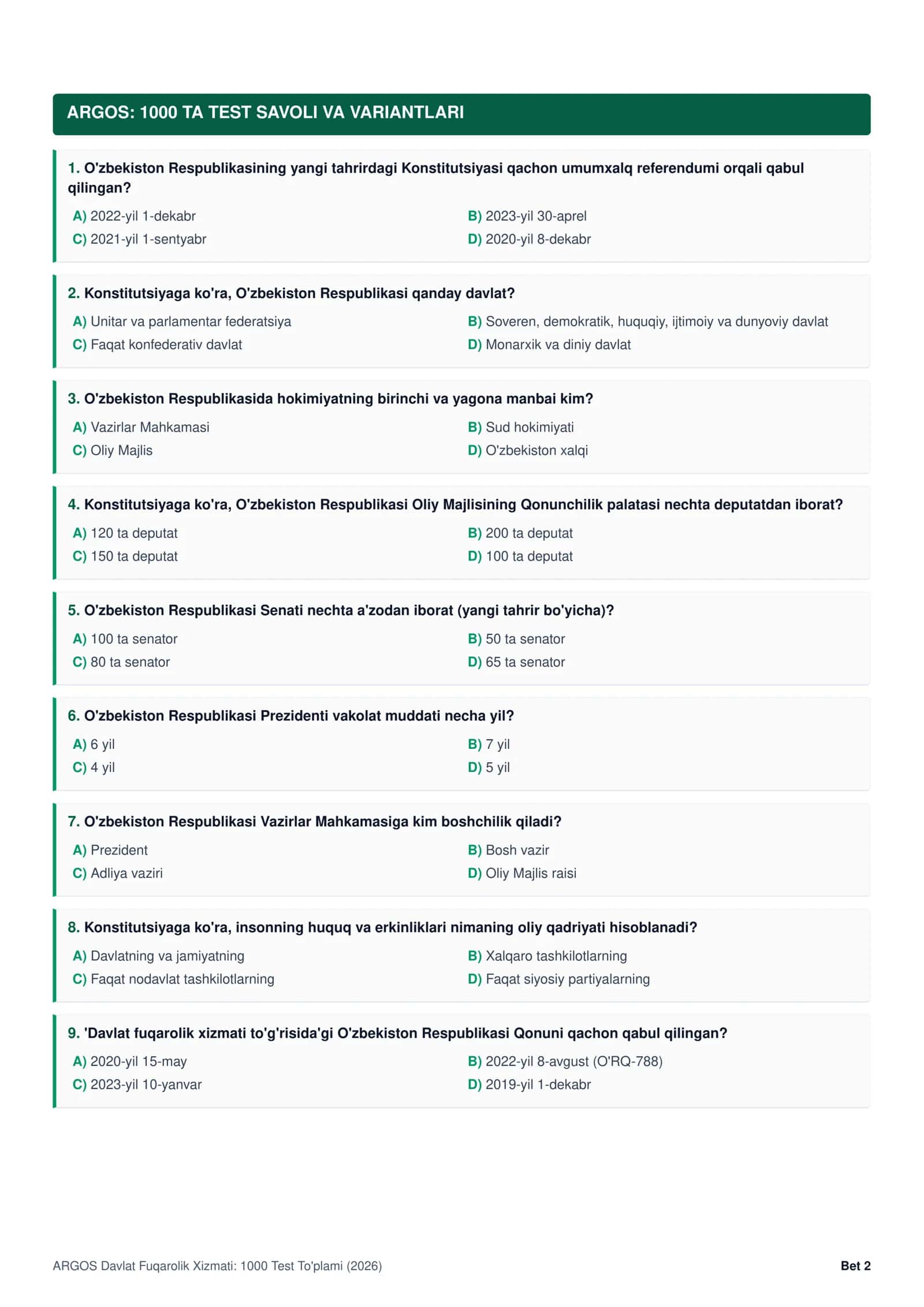 DAVLAT FUQAROLIK XIZMATCHISI  (ARGOS)  1000 TA TEST TO'PLAMI (2026) 2