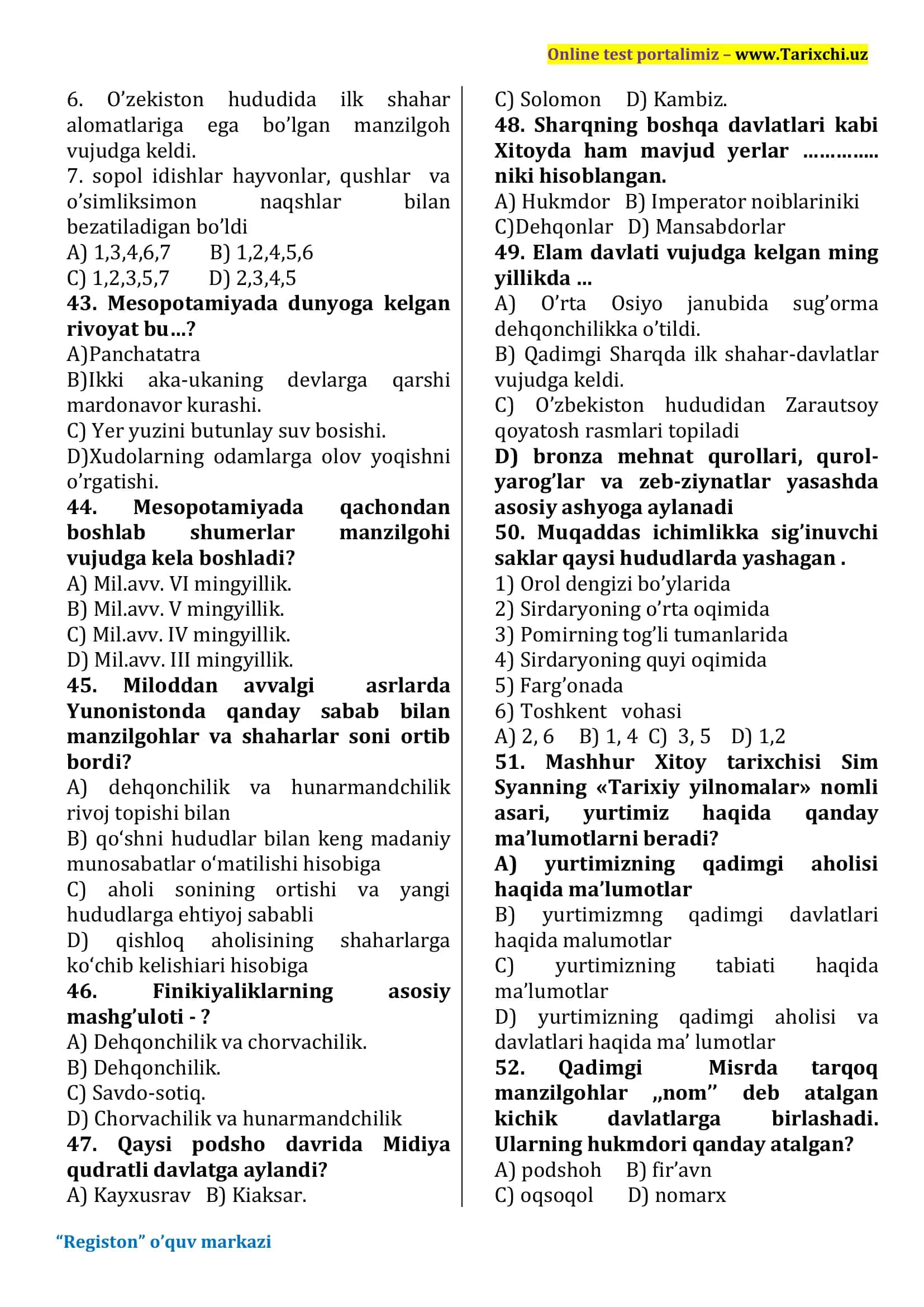 Tarix sinov test 6-sinf 2