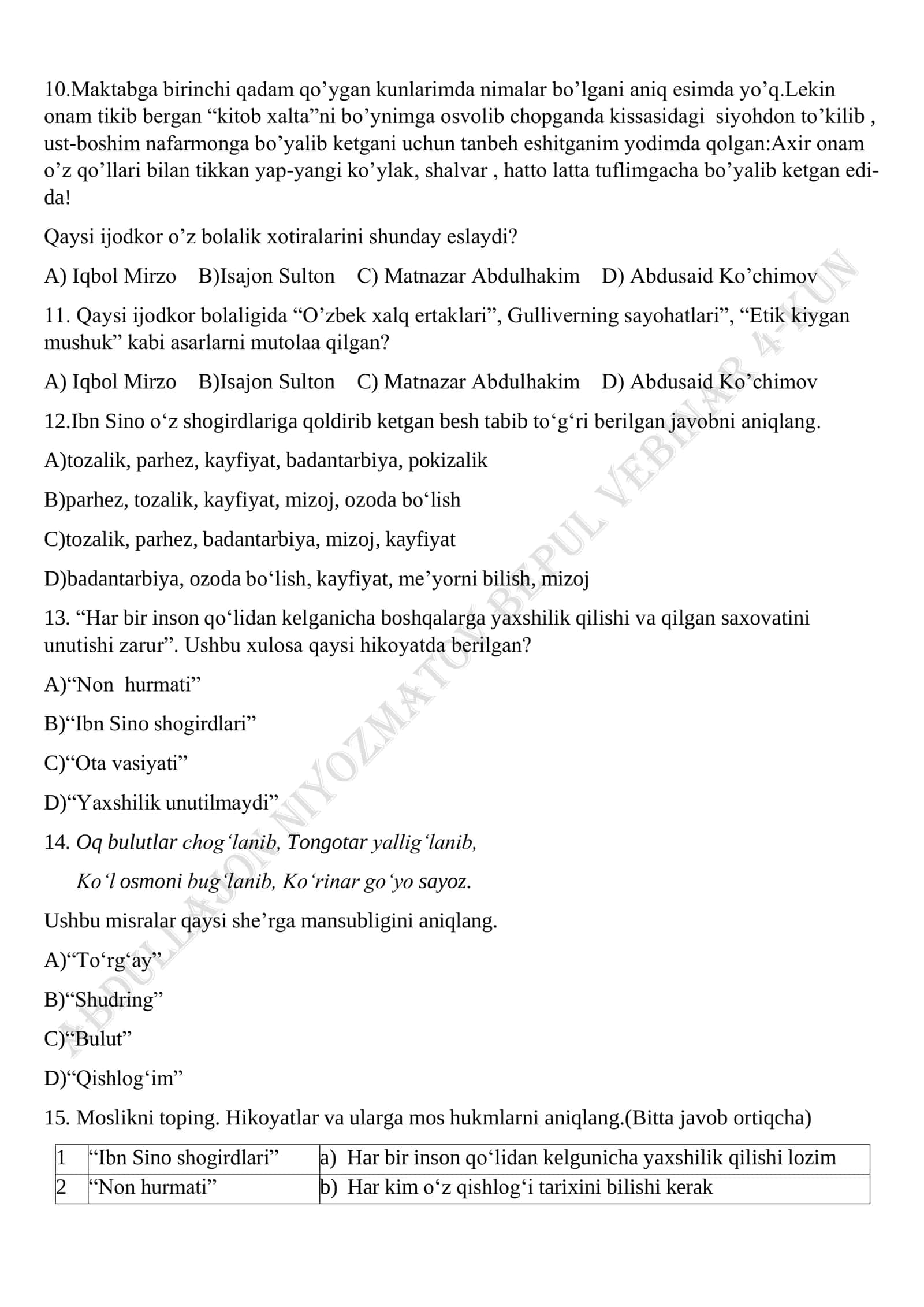 5-sinf adabiyotidan sinov test 2