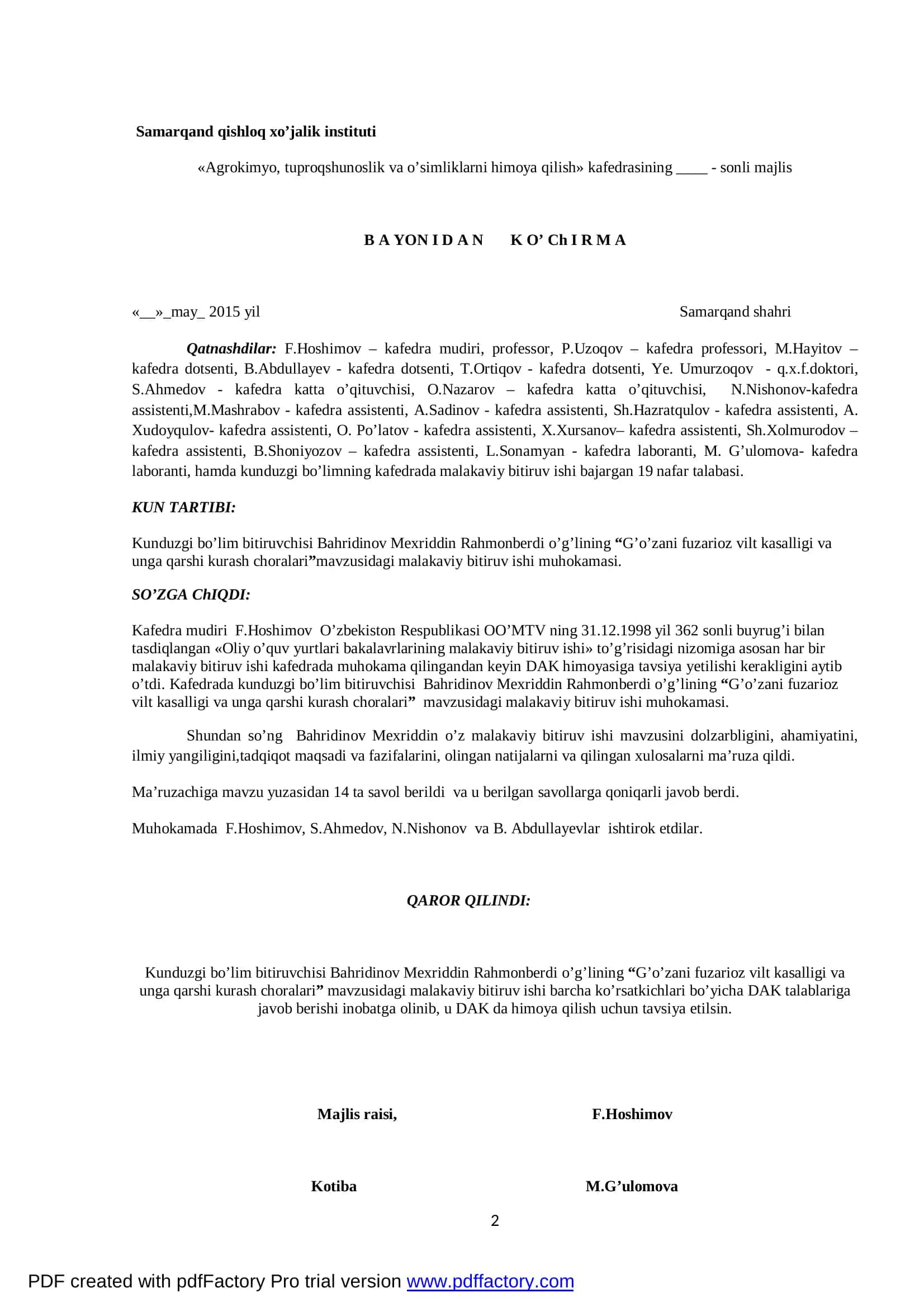 Agrokimyo, tuproqshunoslik va o’simliklarni himoya qilish kafedrasi 2