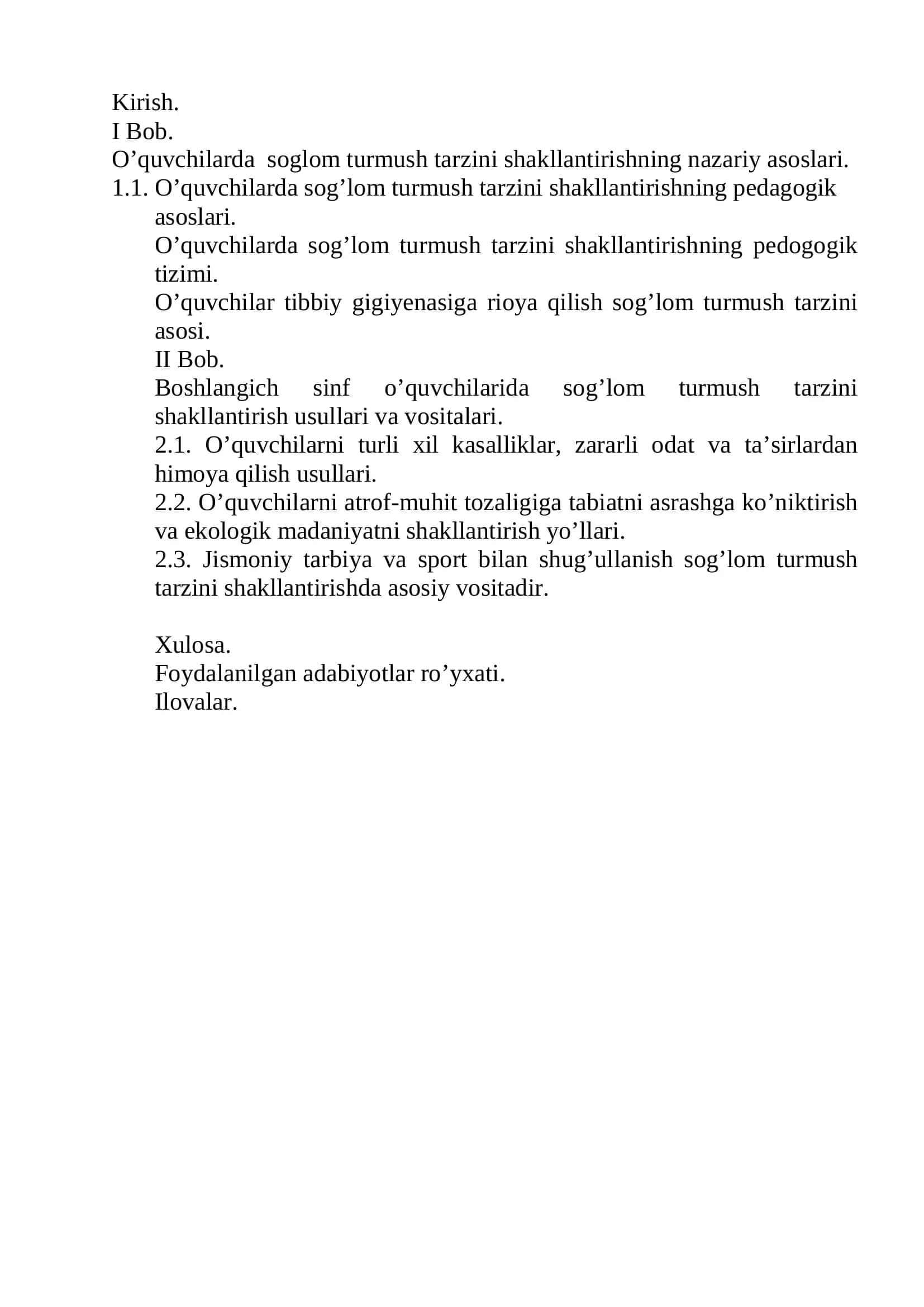 "BOSHLANG’ICH SINF O’QUVCHILARIDA SOG’LOM TURMUSH TARZINI SHAKLLANTIRISH" MALAKAVIY ISHI 2