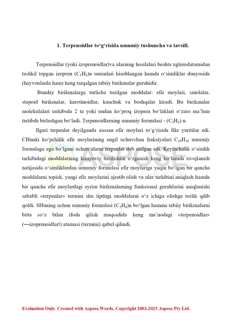 11. Terpenoidlar ishlab chiqarish usullari. Referat 5 bet. 2