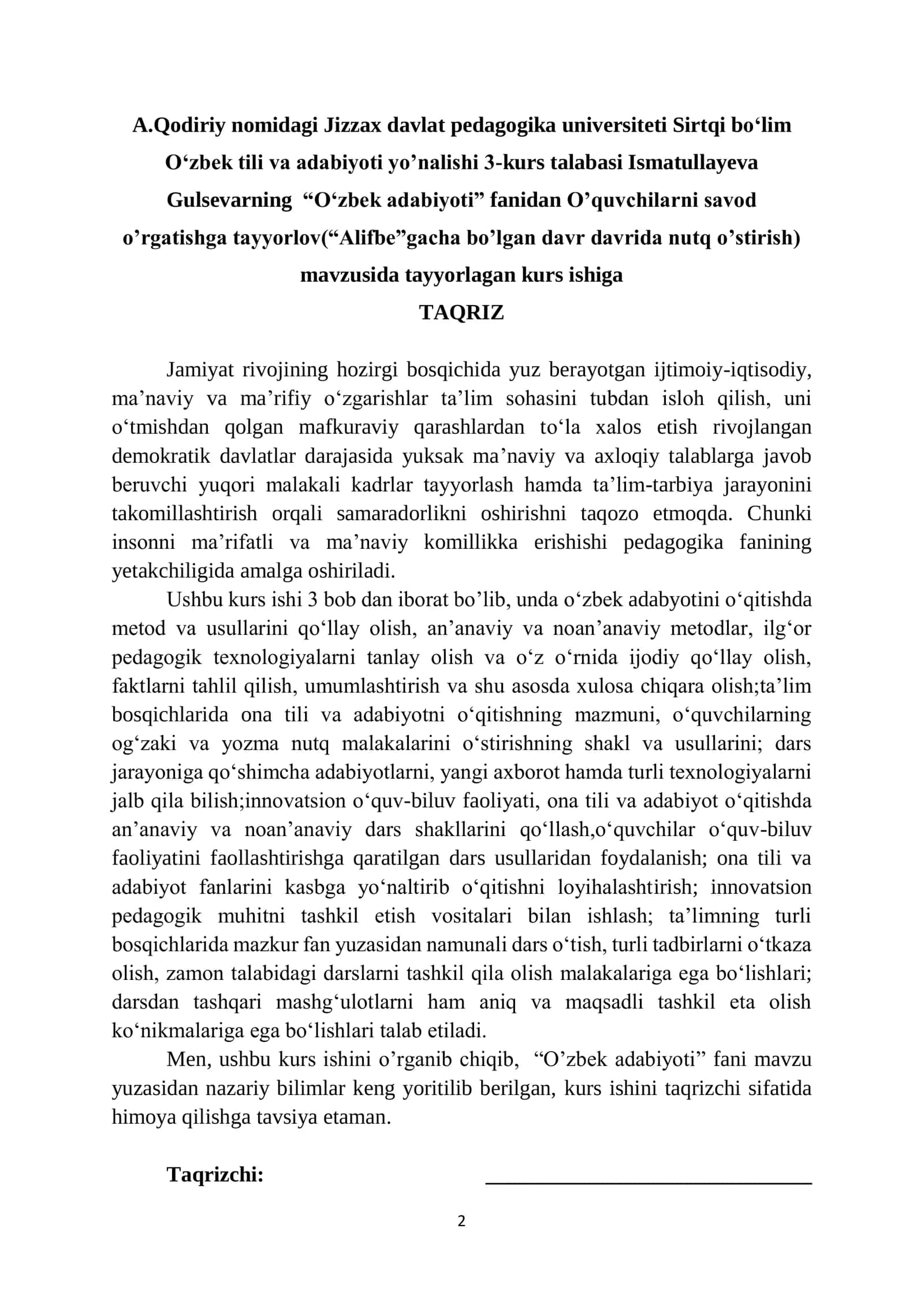 O’quvchilarni savod o’rgatishga tayyorlov(“Alifbe”gacha bo’lgan davr davrida nutq o’stirish) 2