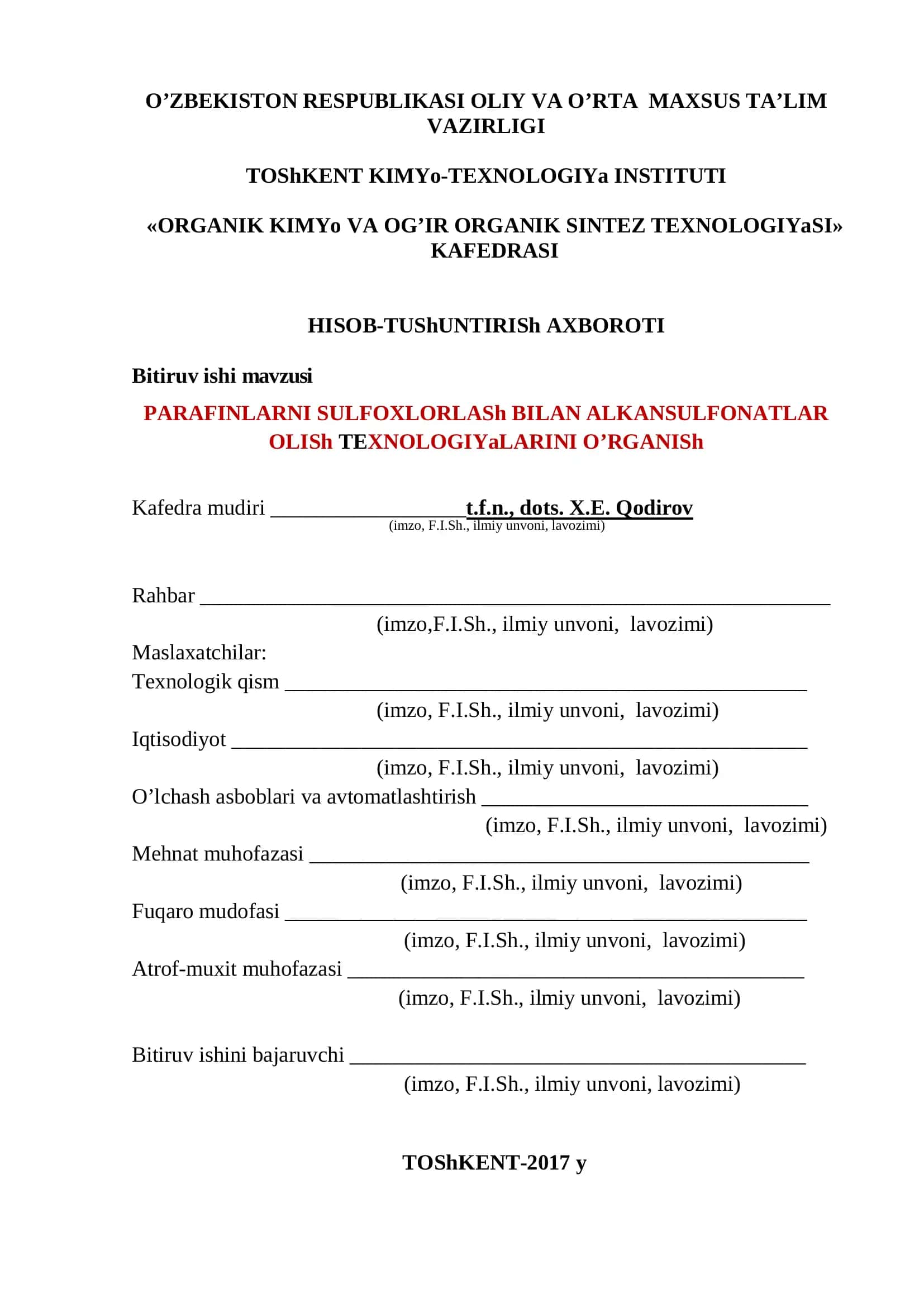 PARAFINLARNI SULFOXLORLASh BILAN ALKANSULFONATLAR OLISh TEXNOLOGIYaLARINI O’RGANISh 2