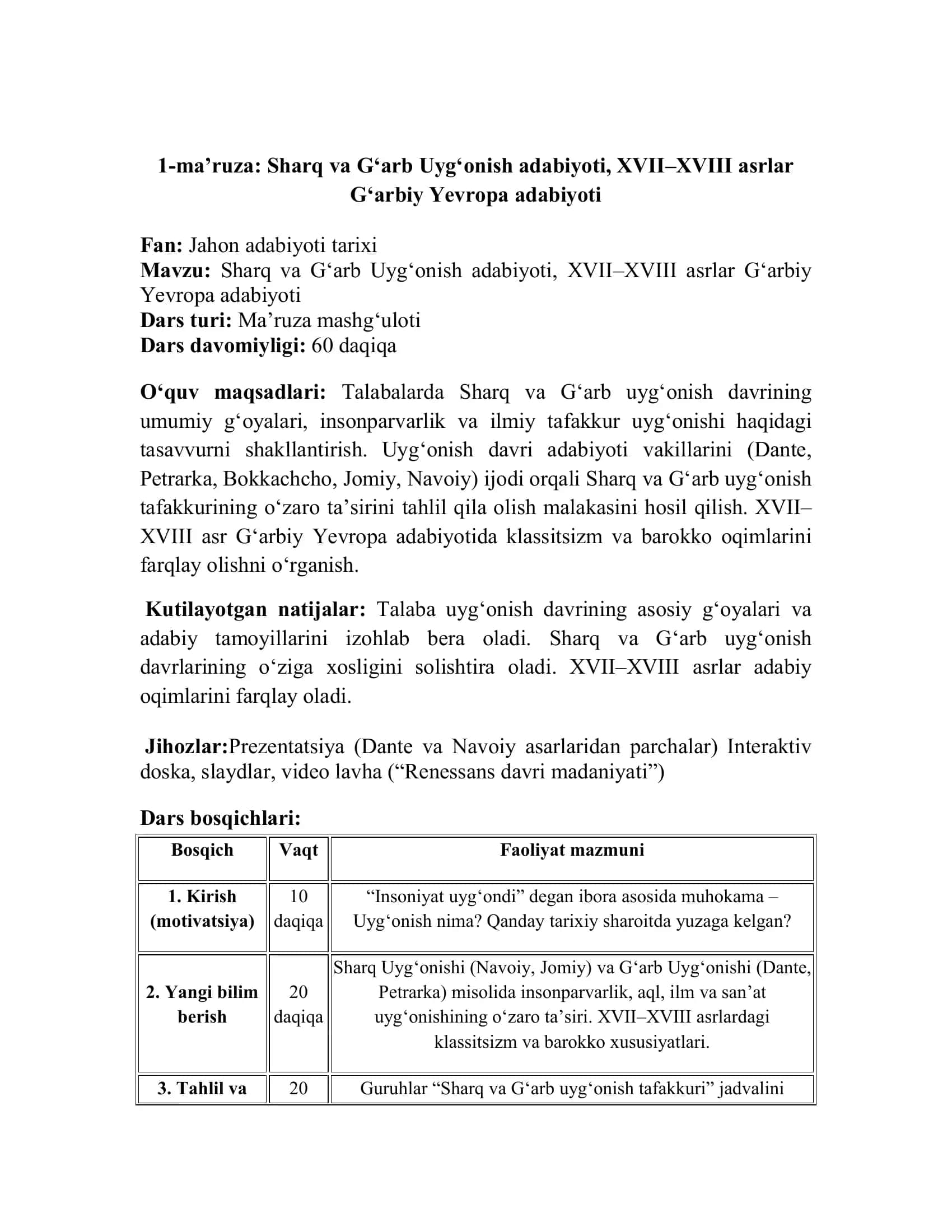 Jahon Adabiyoti Fanidan Texnologik Xarita 2