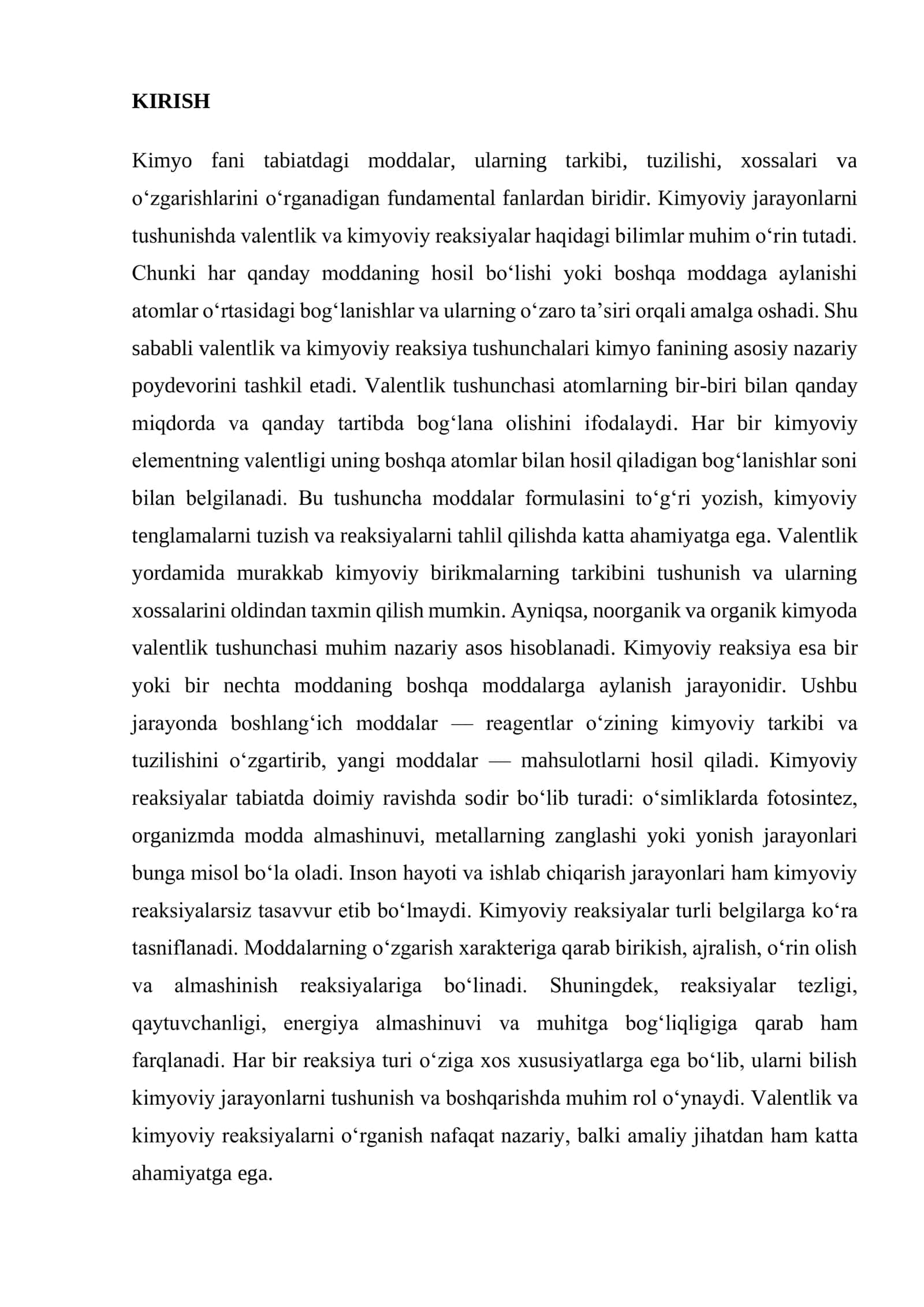 VALENTLIK. KIMYOVIY REAKSIYA VA UNING TURLARI 2