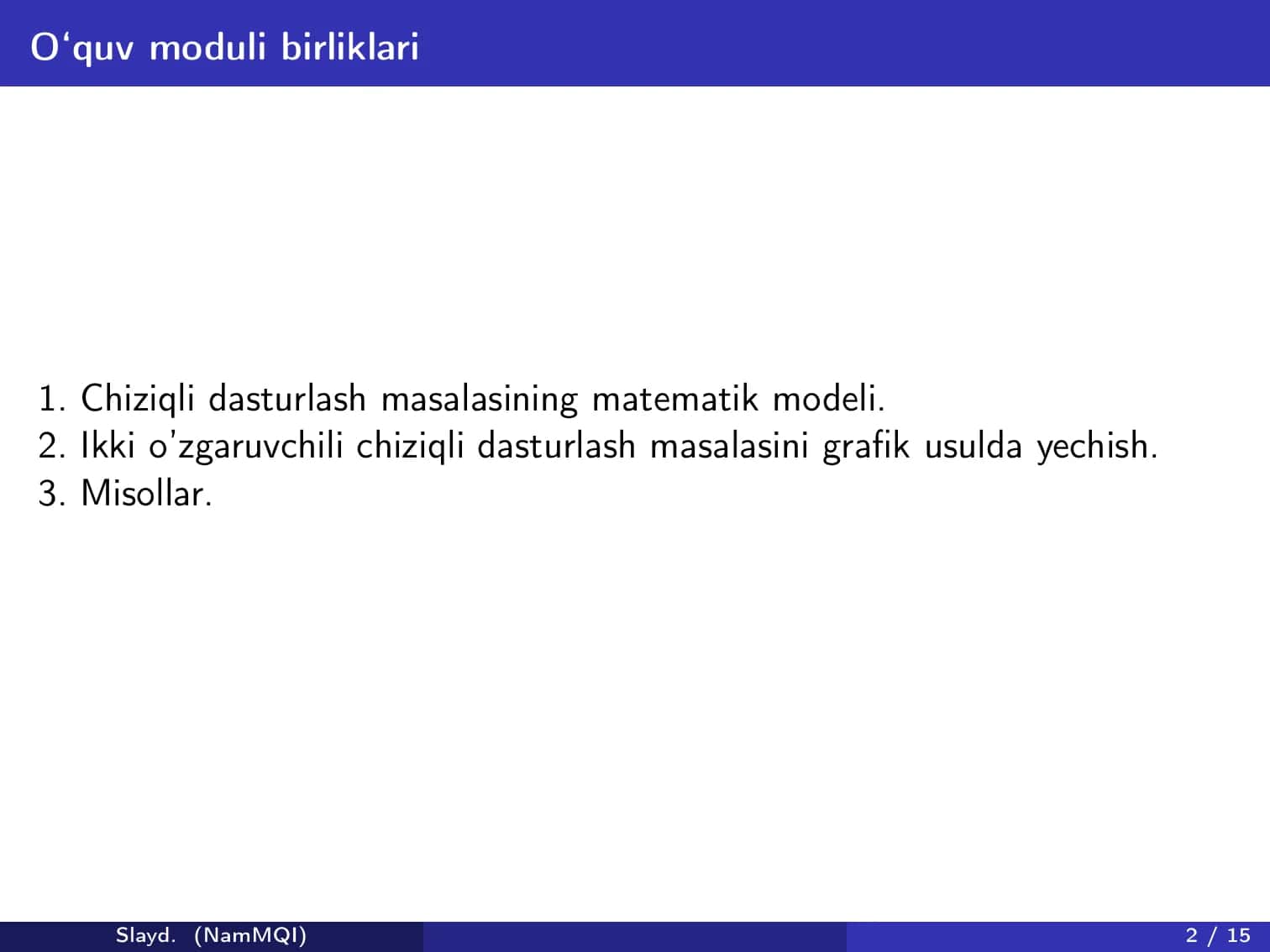Chiziqli tengsizliklar va ularni yechim sohalari. Chiziqli dasturlashnining asosiy masalasi. Ikki o’zgaruvchili chiziqli dasturlash masalasini graﬁk usulda yechish 2