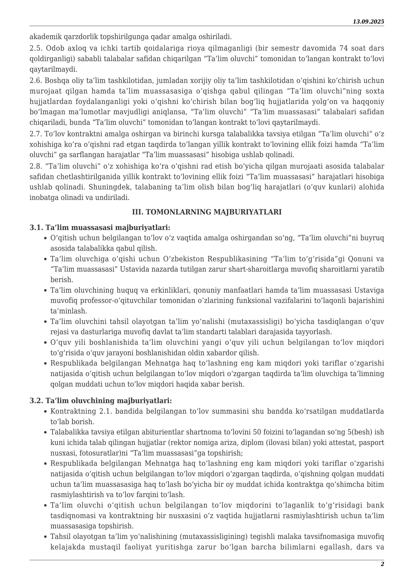 To‘lov-kontrakt (ikki tomonlama) asosida mutaxassis tayyorlashga KONTRAKT № 474231104512-3 2
