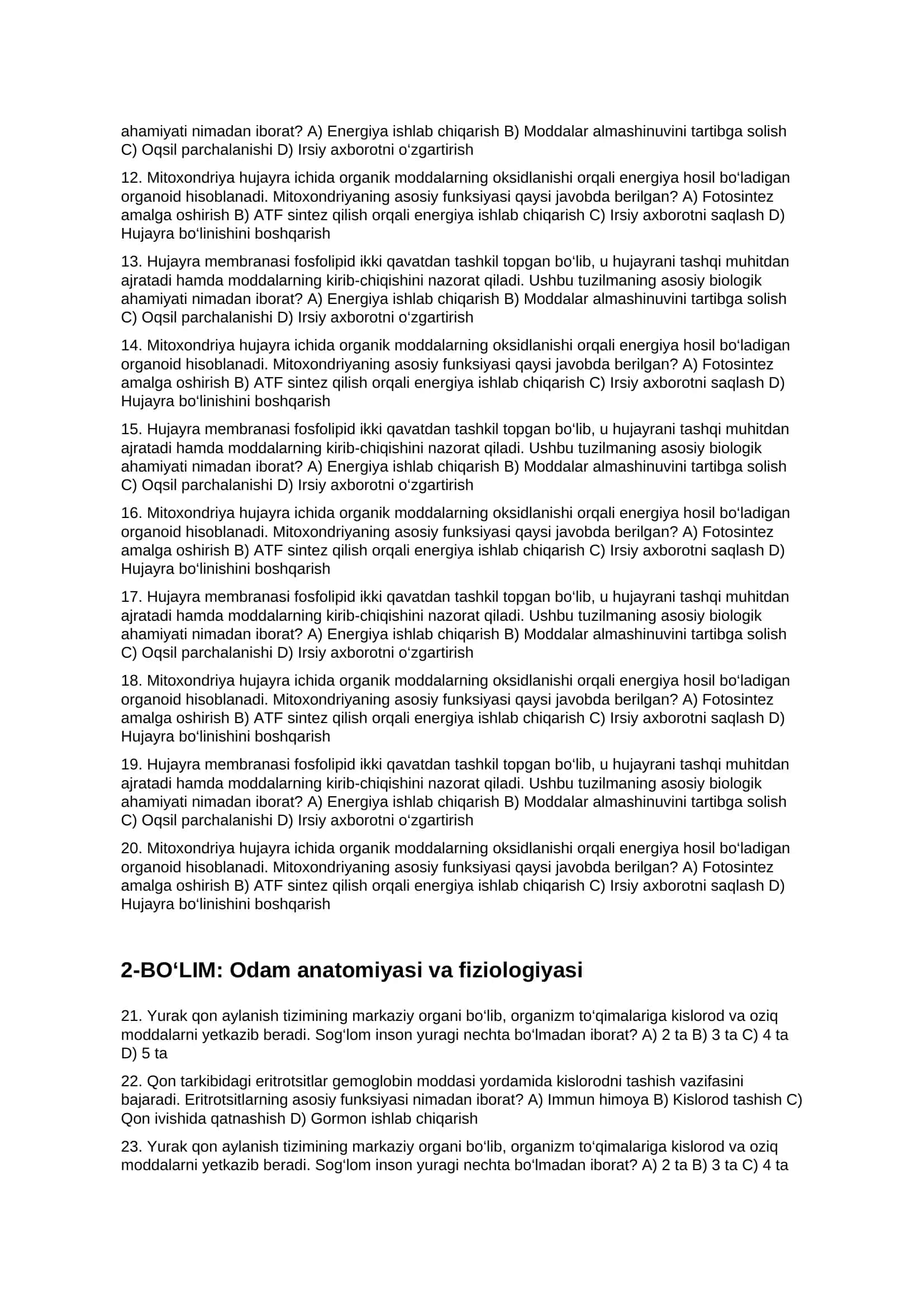 9-SINF BIOLOGIYA FANIDAN SERTIFIKAT TIZIMI BO‘YICHA TEST (100 SAVOL) 2