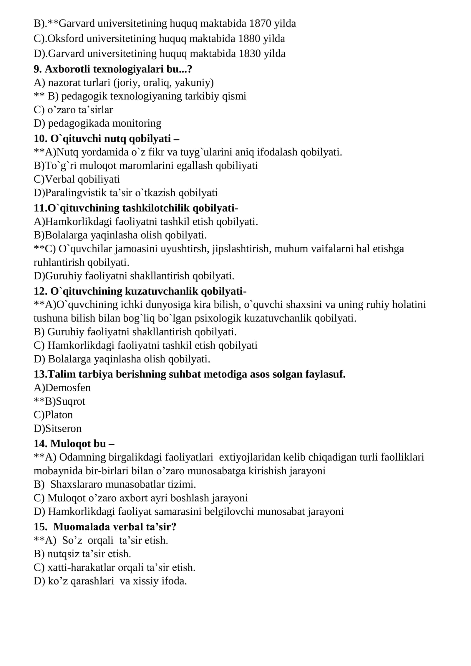 Toifa attestatsiya sinovlari uchun pedagogik mahorat testlari (Javoblari bilan) 2