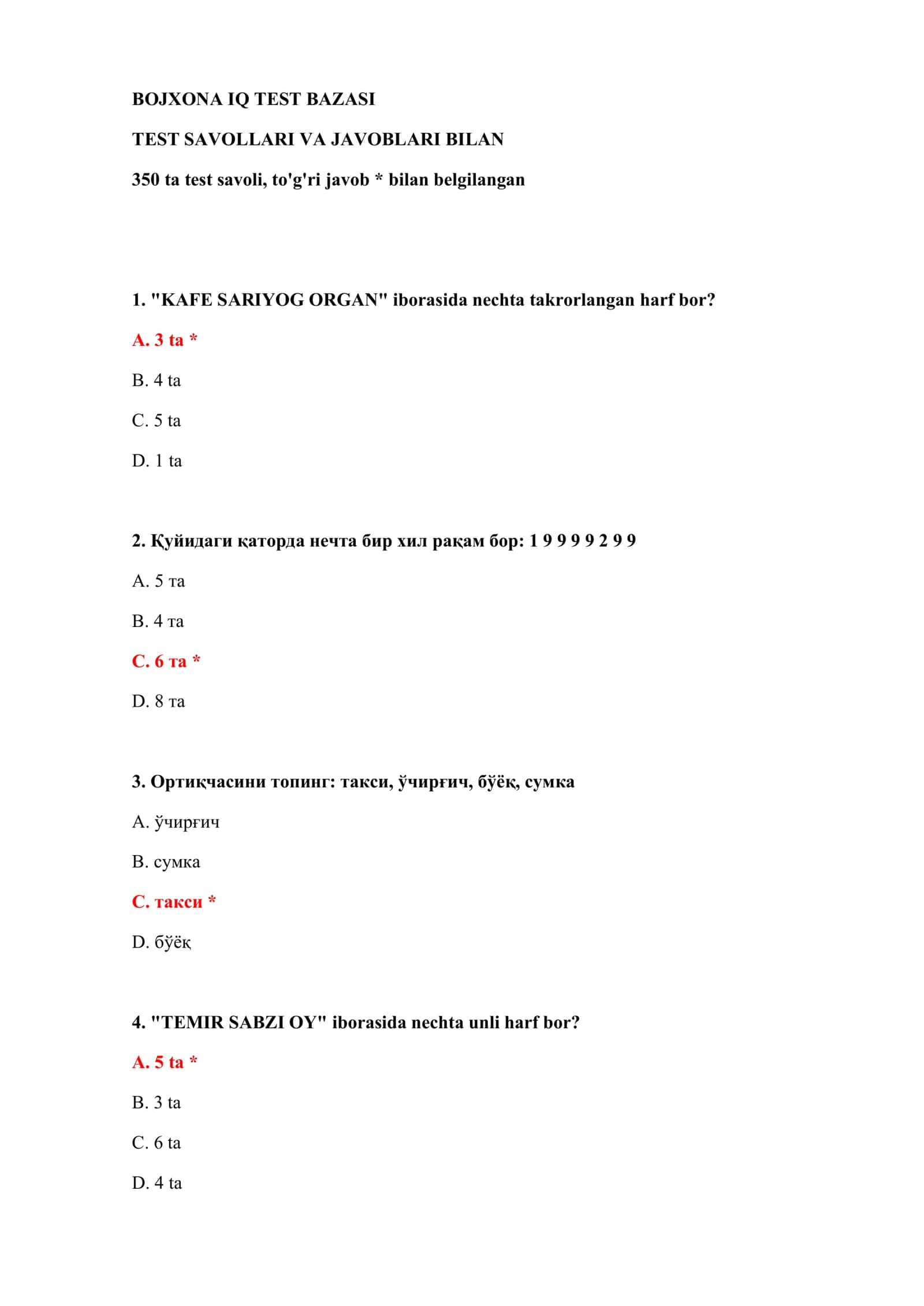 BOJXONA IQ TEST BAZASI 2