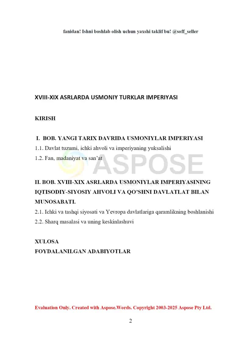 XVIII–XIX asrlarda Usmoniy turklar imperiyasi (kurs ishi) 2