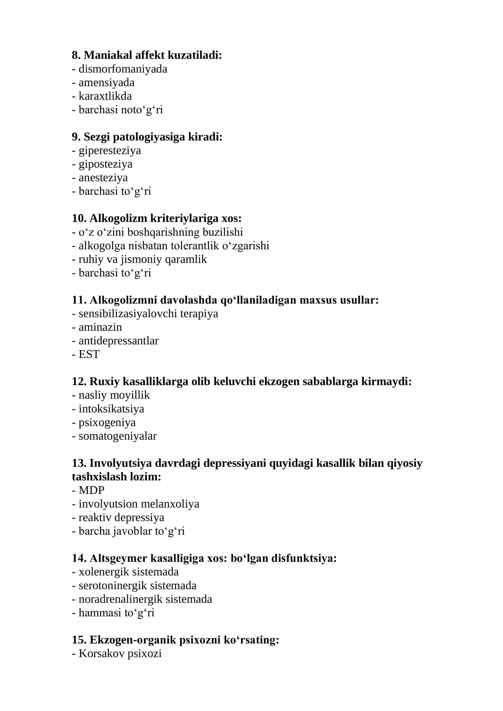 Sud-psixiatriya ekspertizasi mutaxassisligi test savollari 2026 2