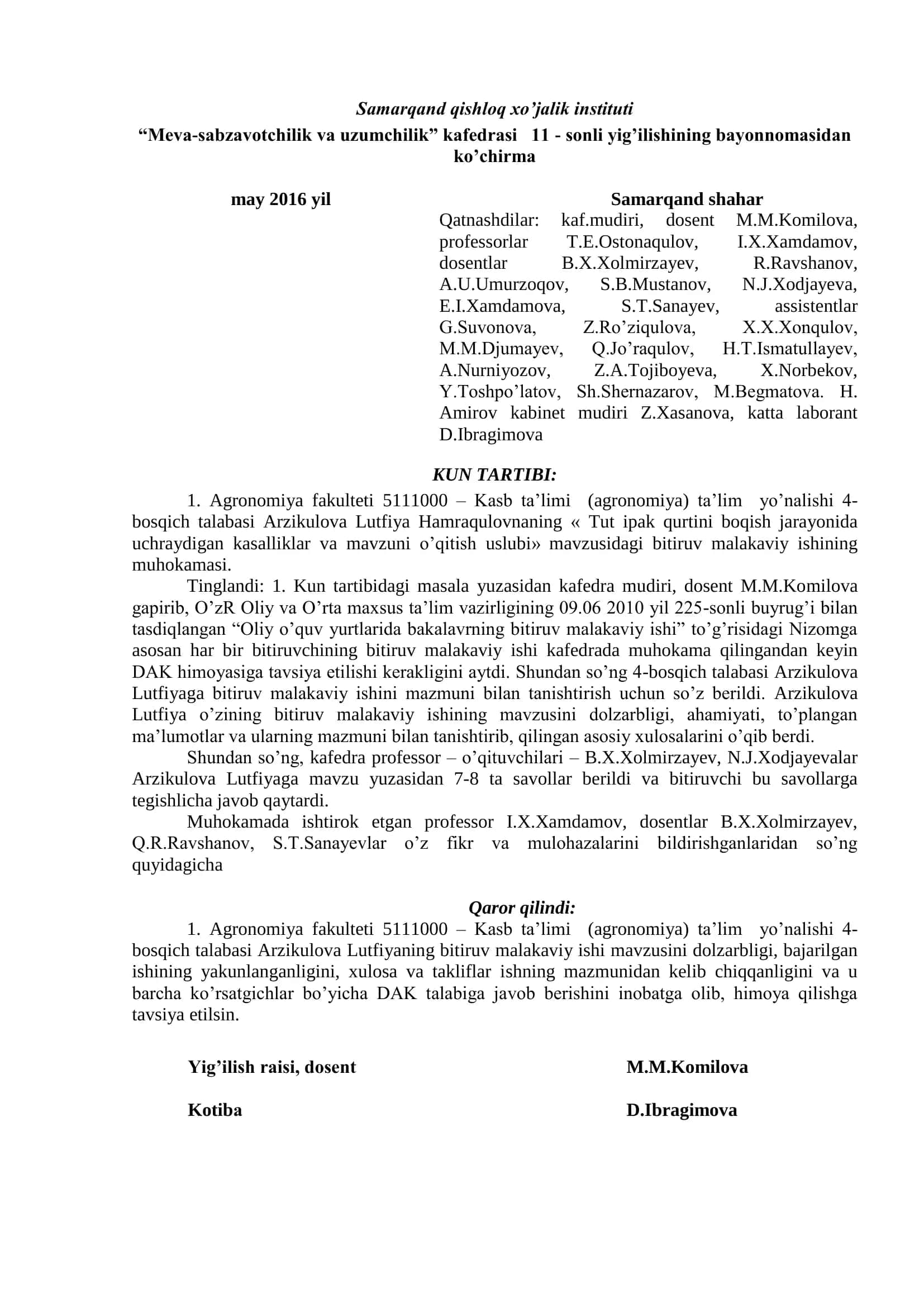 Meva-sabzavotchilik va uzumchilik kafedrasi yig'ilishi 2