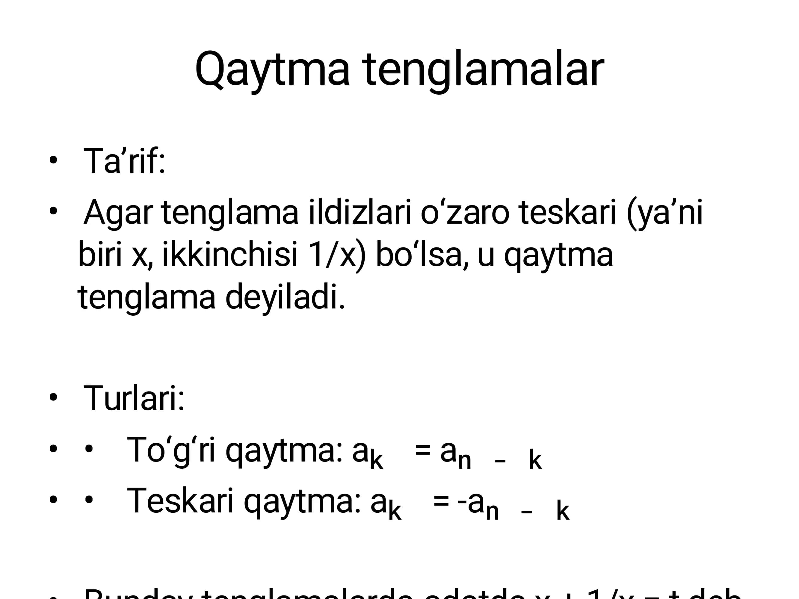 Qaytma va yuqori darajali tenglamalar 2