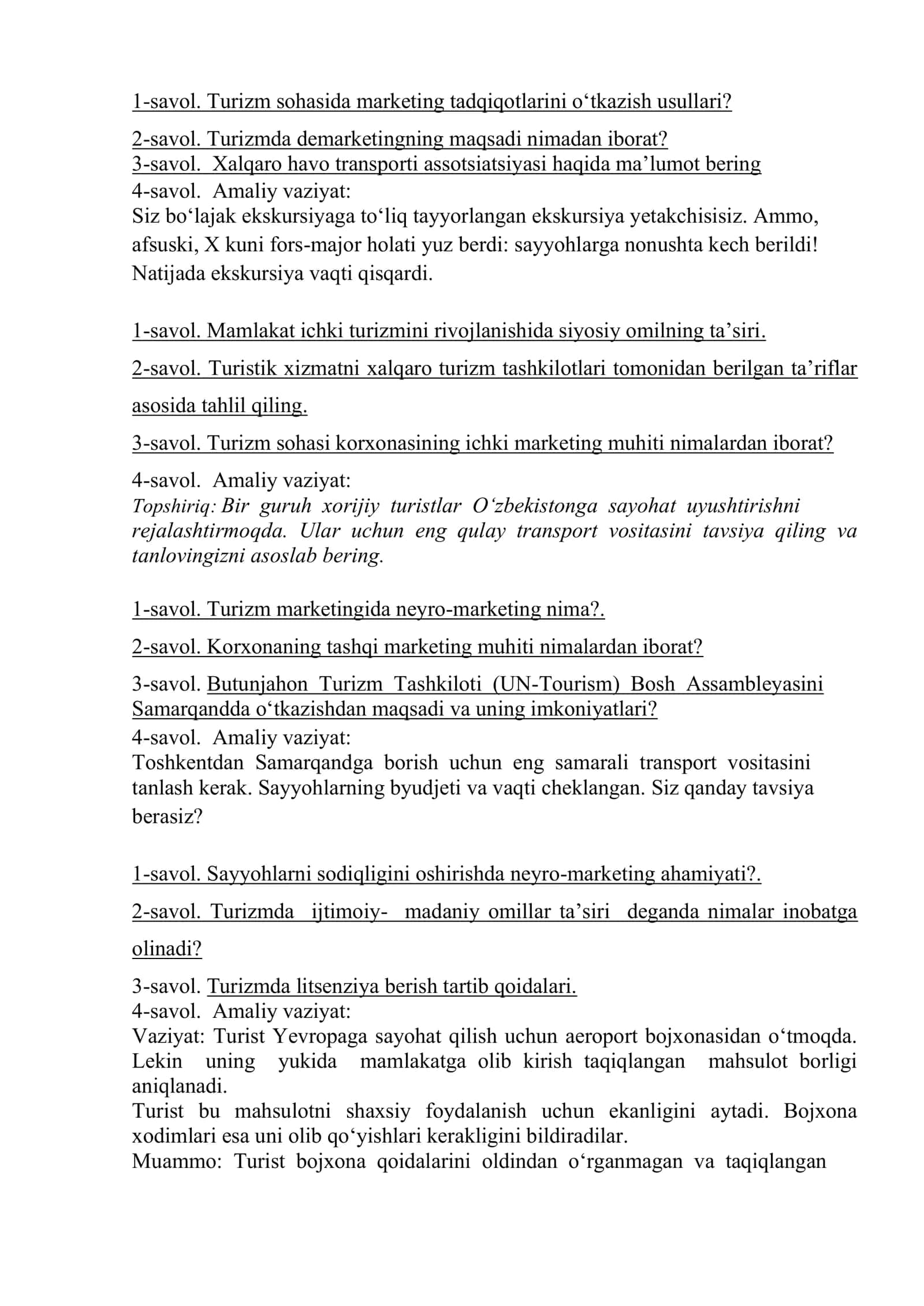 TURIZM (FAOLIYAT YO’NALISHLARI BO‘YICHA) TAʼLIM YOʻNALISHINING MAXSUS (MAJBURIY) FANLAR BO’YICHA YAKUNIY DAVLAT ATTESTATSIYASI SAVOLLAR KITOBI 2