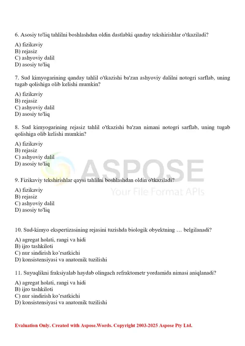 2. Sud kimyosi ekspertiza laboratoriyalarida qo'llaniladigan dastlabki ekspress tahlil usullari. Test 15 ta. 2