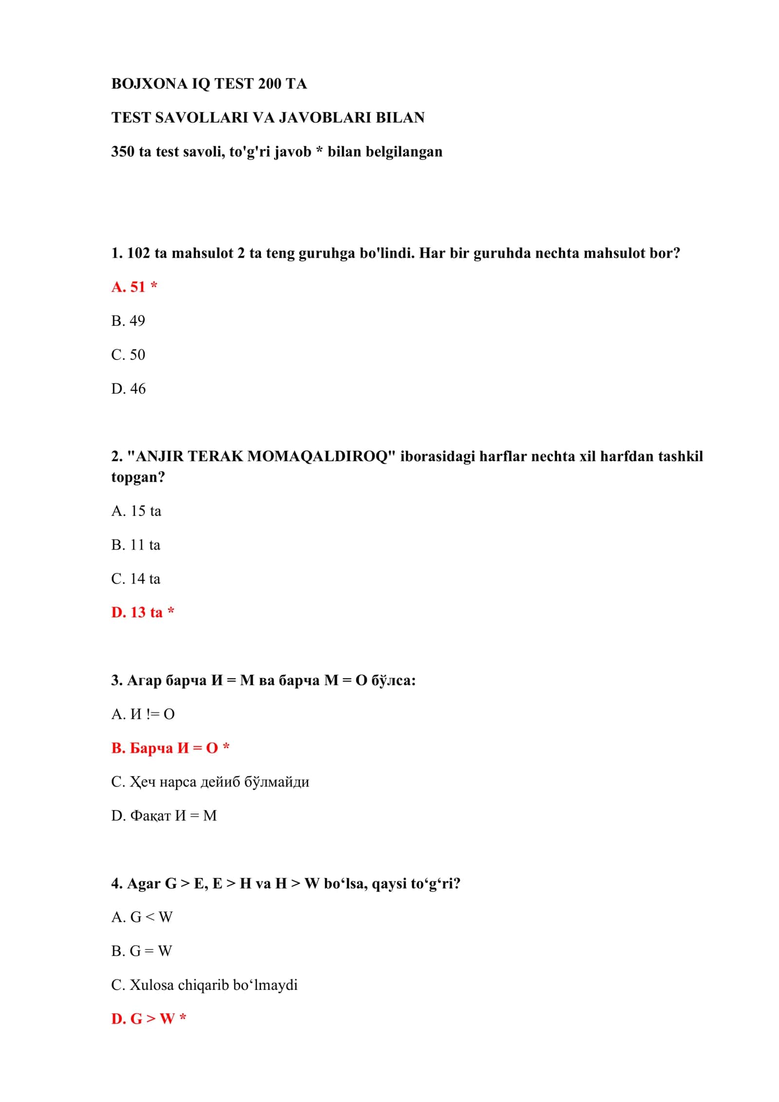 Bojxona IQ Test 200 ta 2