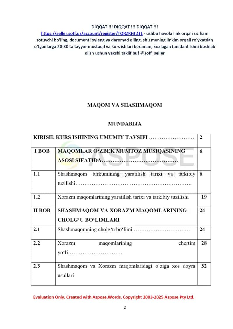 Kurs ish: Shashmaqom va Xorazm maqomlarini o‘rganish 2