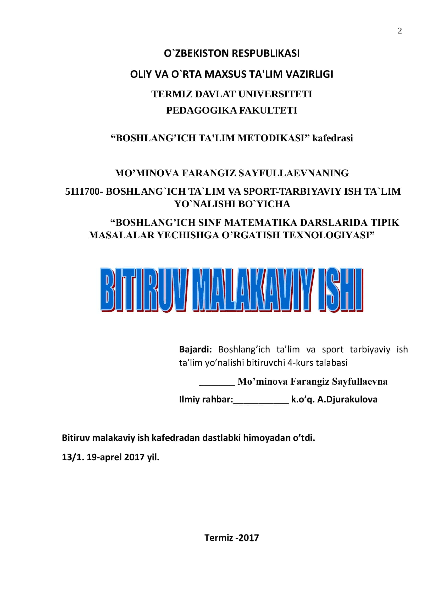BOSHLANG’ICH SINF MATEMATIKA DARSLARIDA TIPIK MASALALAR YECHISHGA O’RGATISH TEXNOLOGIYASI 2