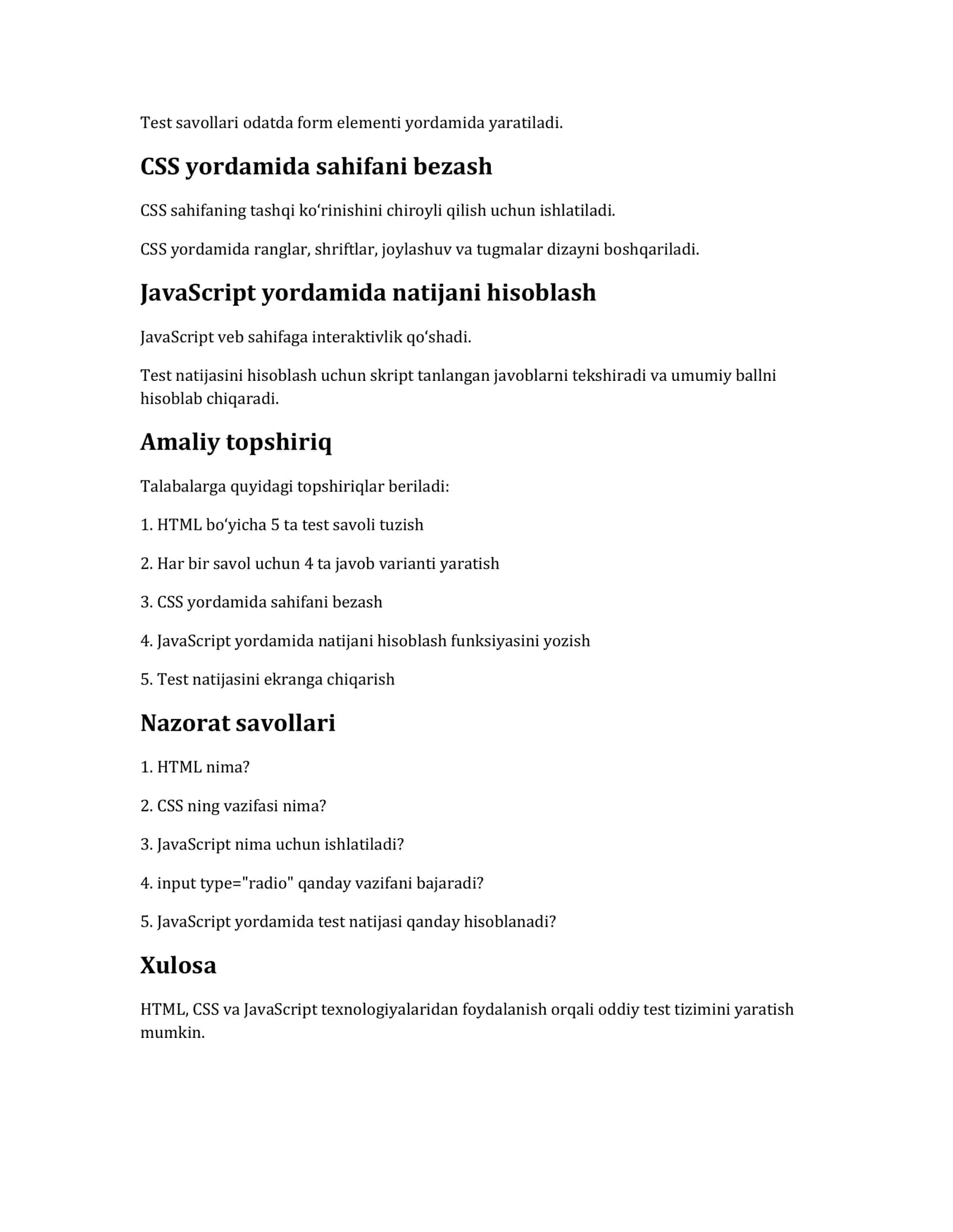 HTML, CSS va JavaScript yordamida test sahifasini yaratish 2
