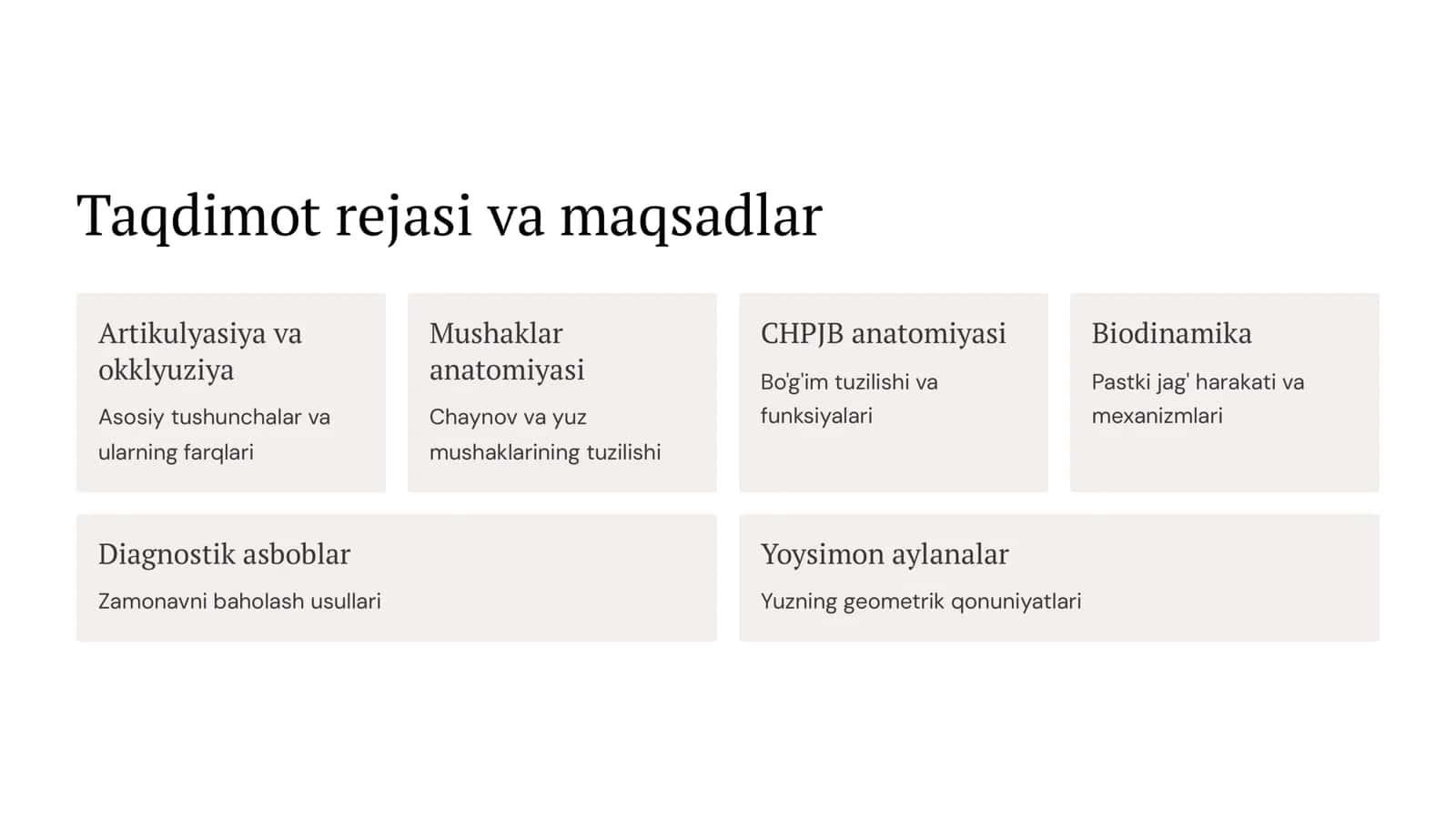 Artikulyasiya va okklyuziya, uning turlari. CHaynov va yuz mushaklari. Temporomandibulyar bo‘g‘im (CHPJB). Pastki jag‘ning biodinamikasi. Pastki jag‘ harakatini tasvirlab beradigan asboblar. Yuzning yoysimon aylanasi. 2