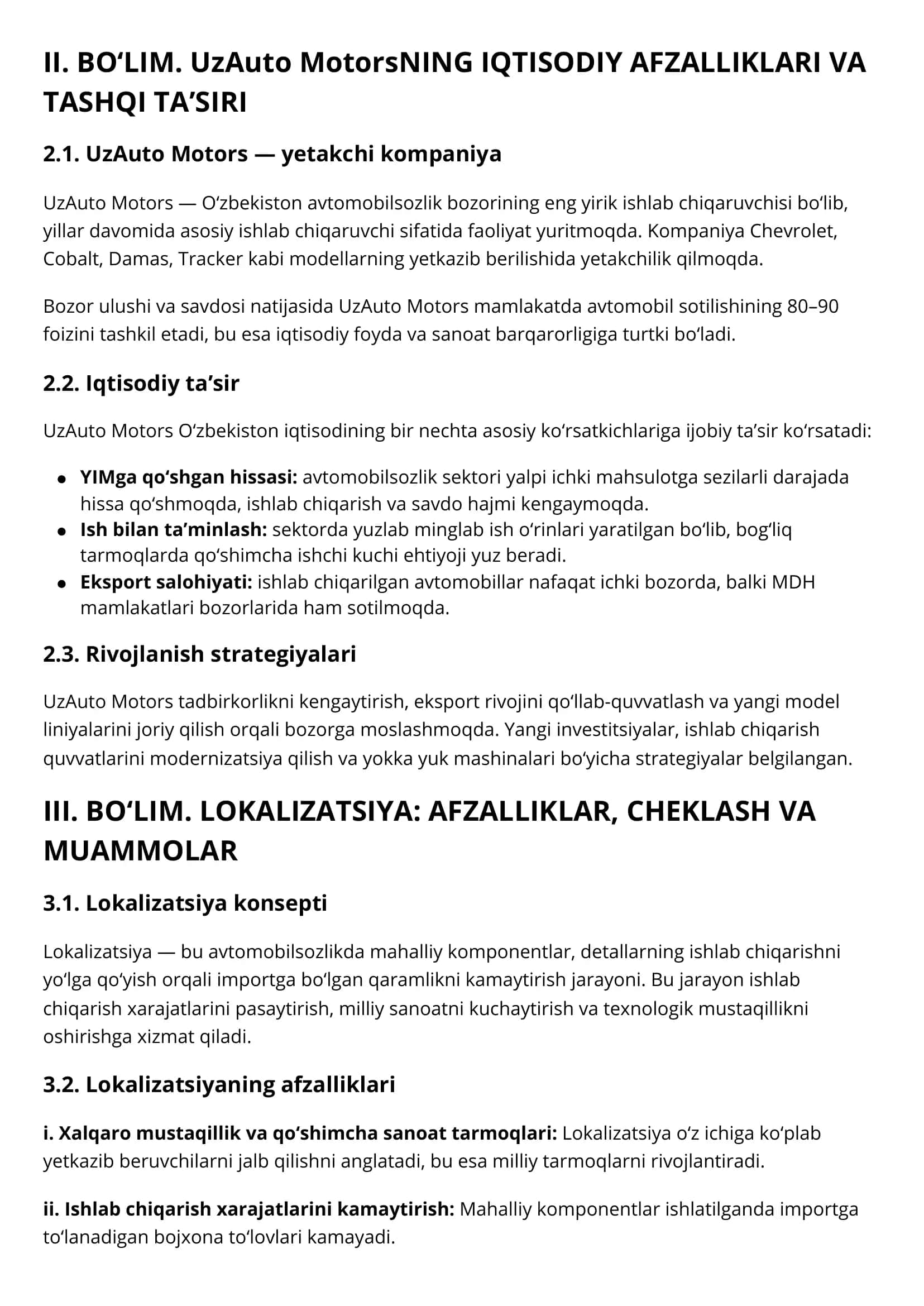 O‘ZBEKISTONDA AVTOMOBIL SOHASI TARIXI, UzAuto MotorsNING IQTISODIY ROLI VA LOKALIZATSIYA MUAMMOLARI 2