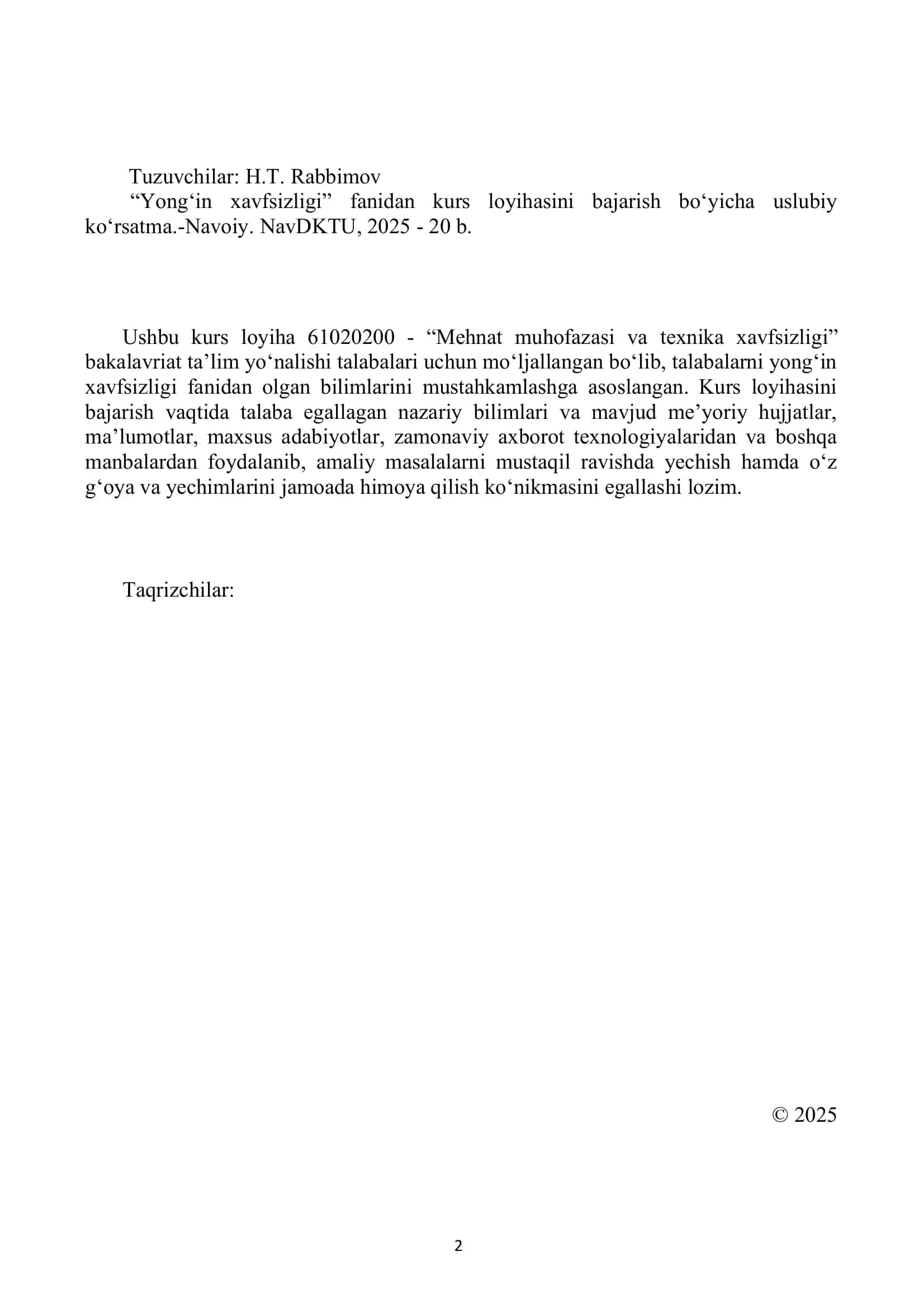 "Yong‘in xavfsizligi" fanidan kurs loyihasi. (Uslubiy qoʻllanma) 2
