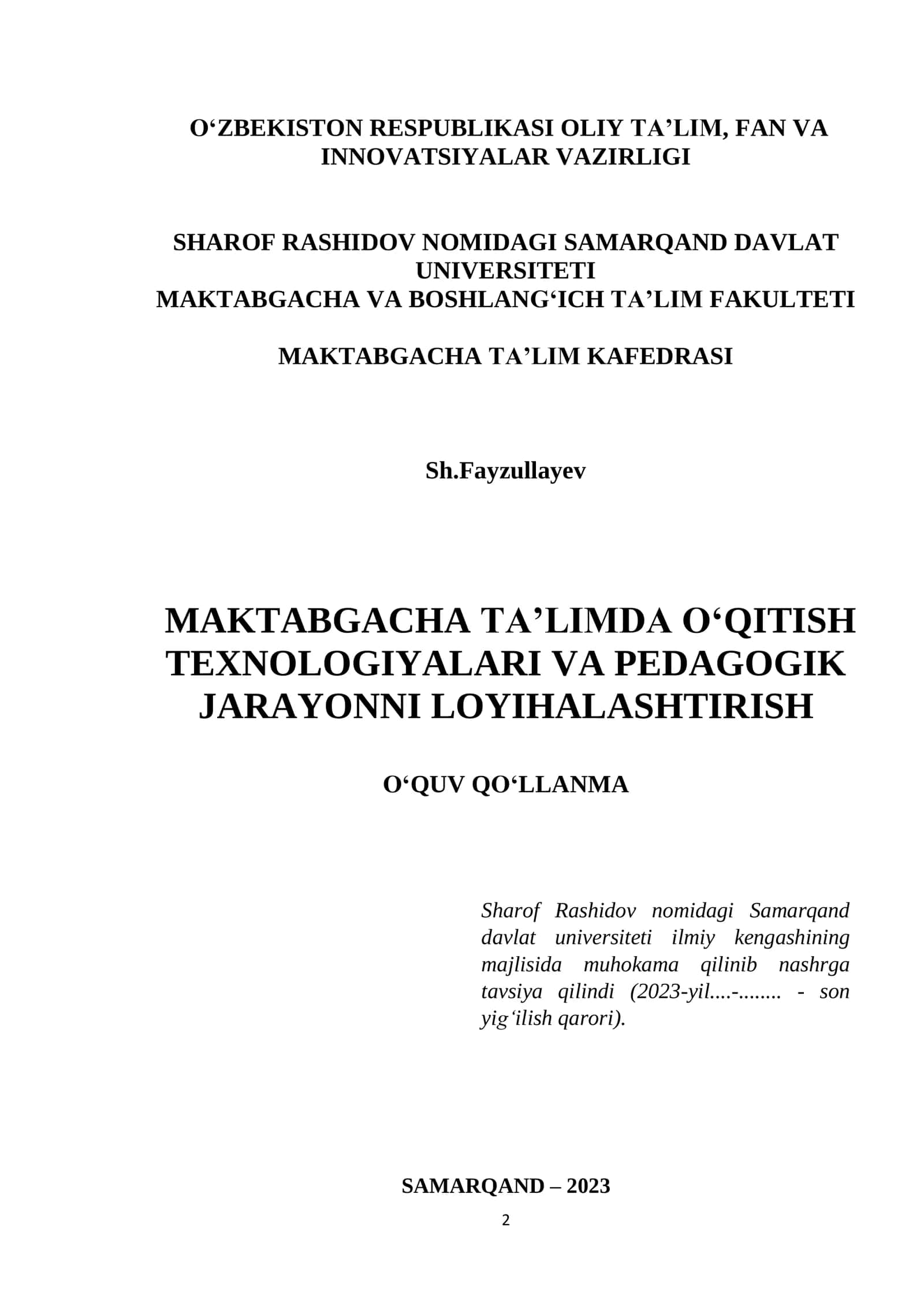 MAKTABGACHA TA'LIMDA O'QITISH TEXNOLOGIYALARI VA PEDAGOGIK JARAYONNI LOYIHALASHTIRISH 2