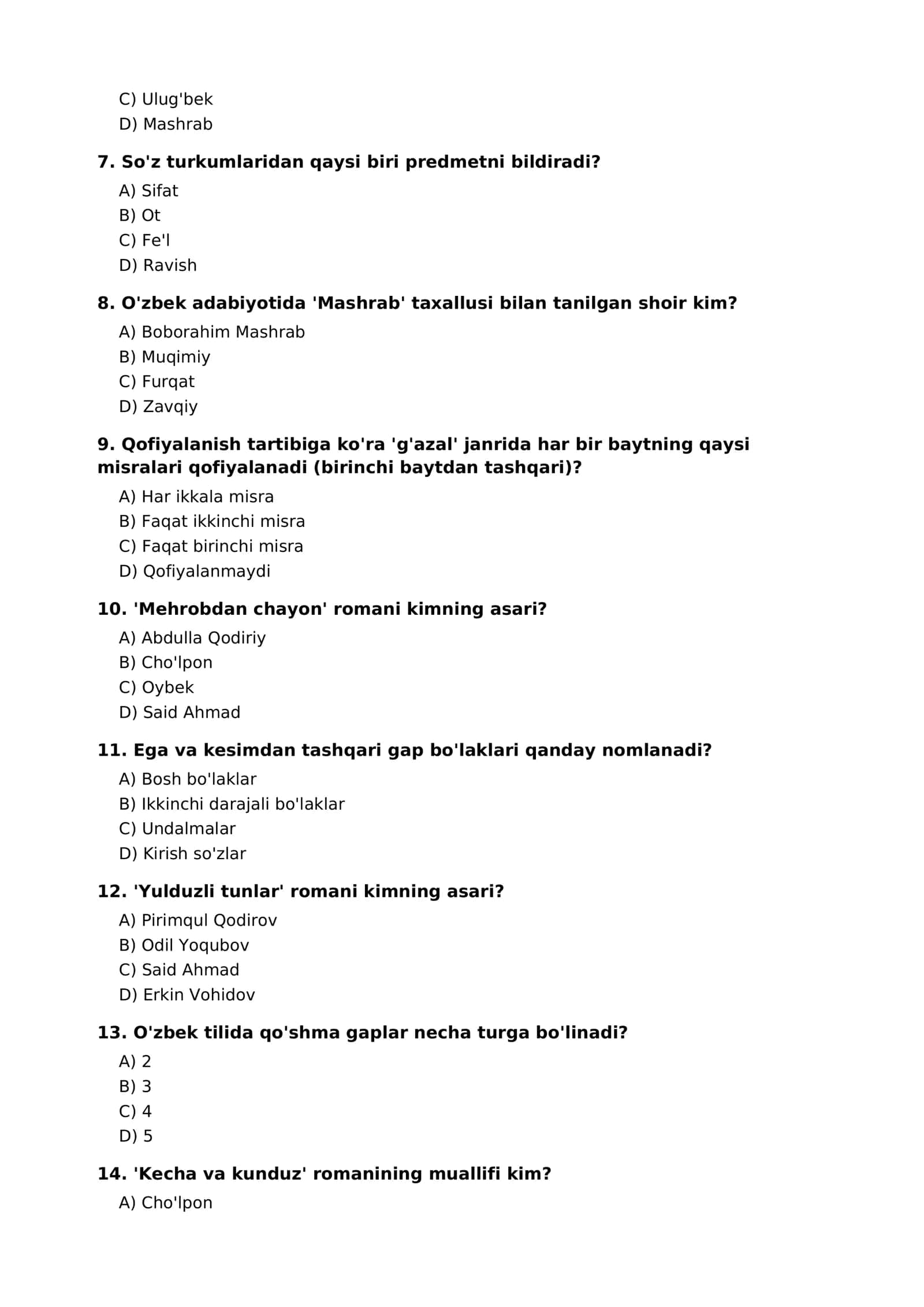 Ona tili va adabiyot fanlari test savollari 2