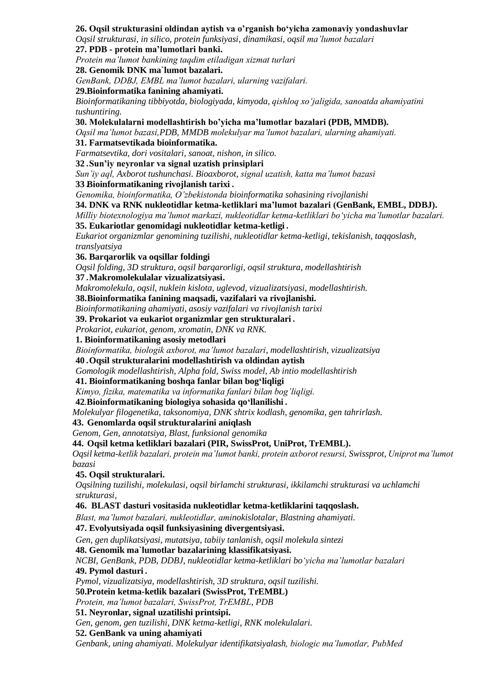 Bioinformatika fanidan yakuniy nazorat savollari 2