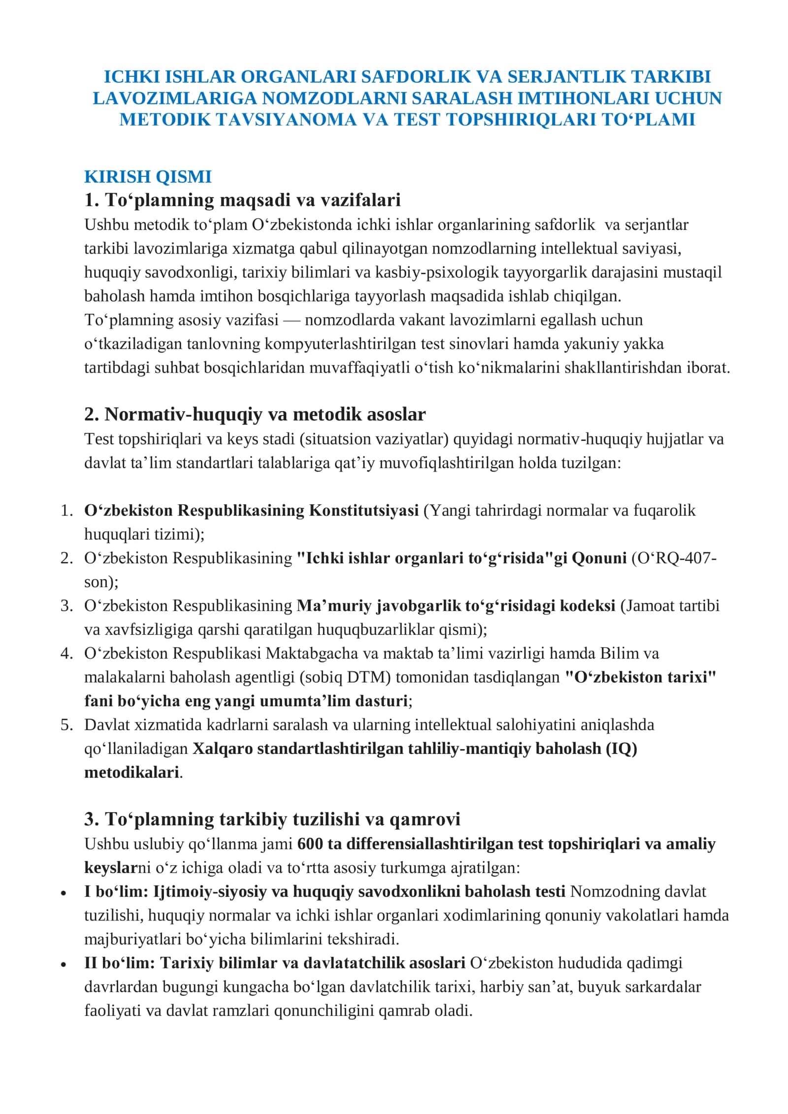 2026 YIL ICHKI ISHLAR ORGANLAR SAFDORLIK VA SERJANTLIK TESTLARI 600+ YANGILANGAN 2