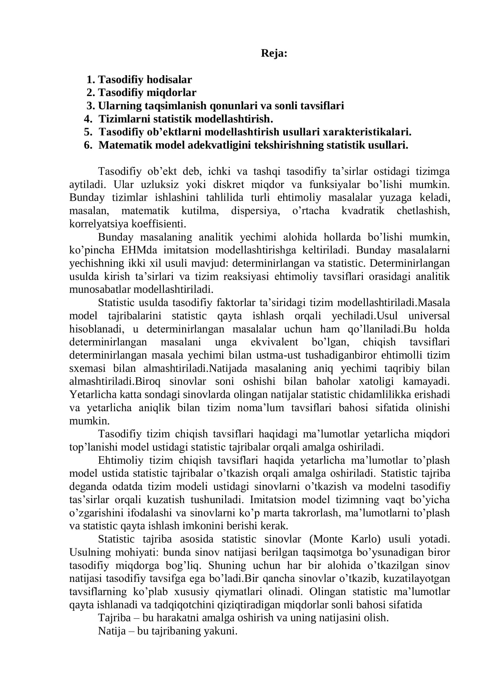 Imitatsion modellashtirishning matematik statistika modeli 2