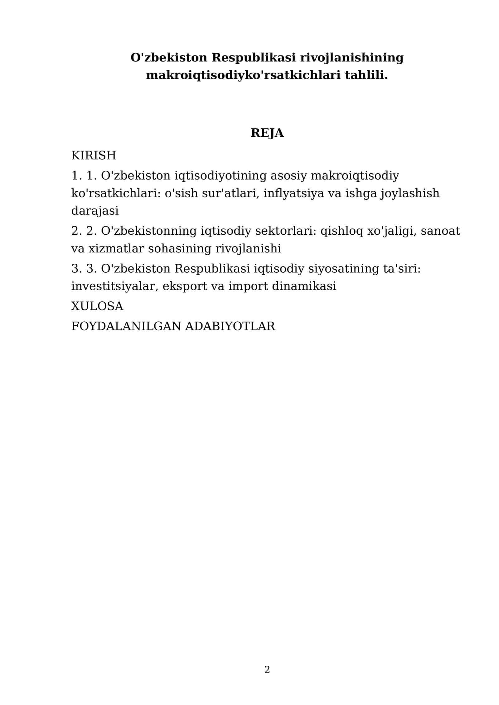 O'zbekiston Respublikasi rivojlanishining makroiqtisodiy ko'rsatkichlari tahlili 2