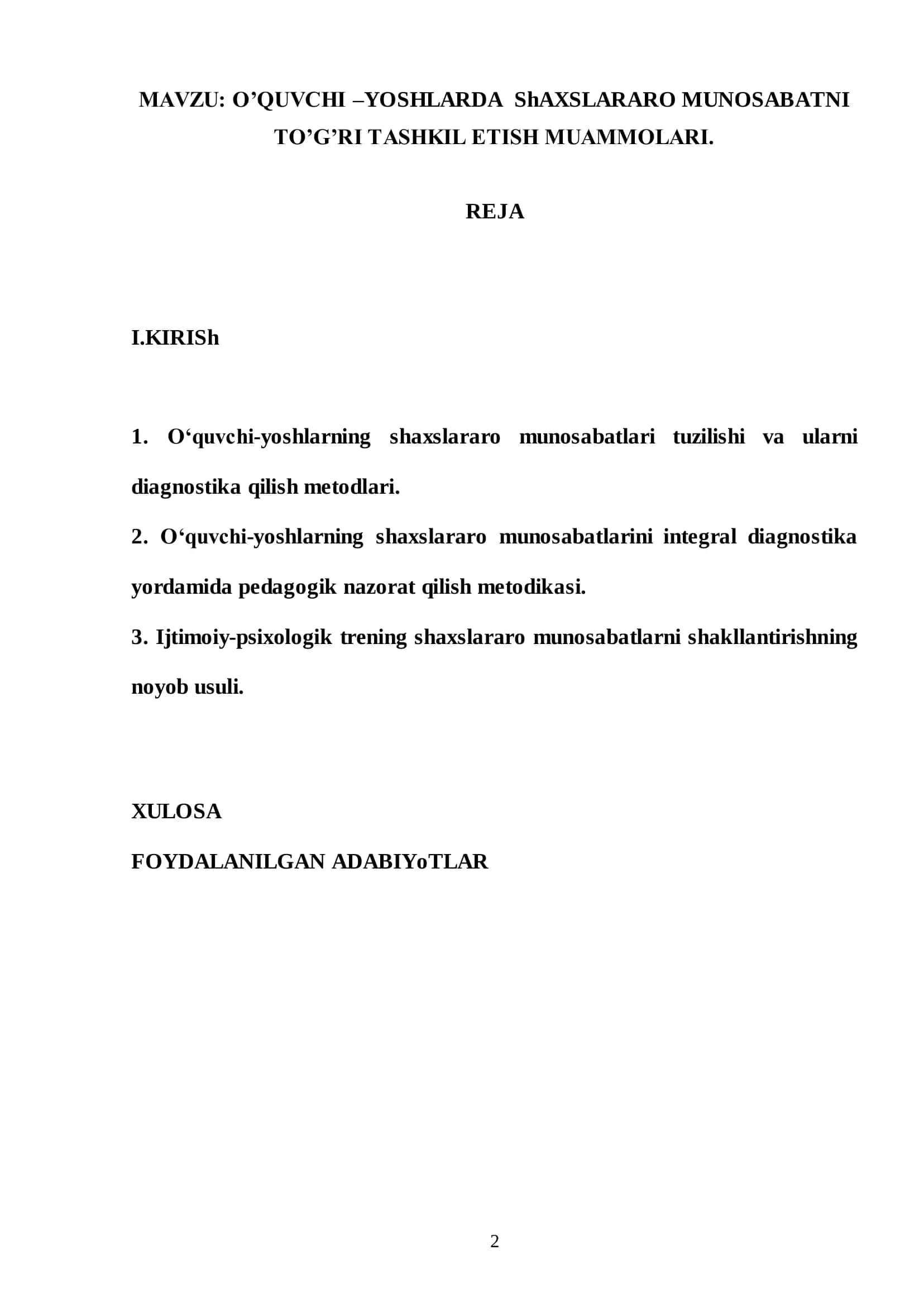 O‟QUVCHI –YOSHLARDA ShAXSLARARO MUNOSABATNI TO‟G‟RI TASHKIL ETISH MUAMMOLARI 2