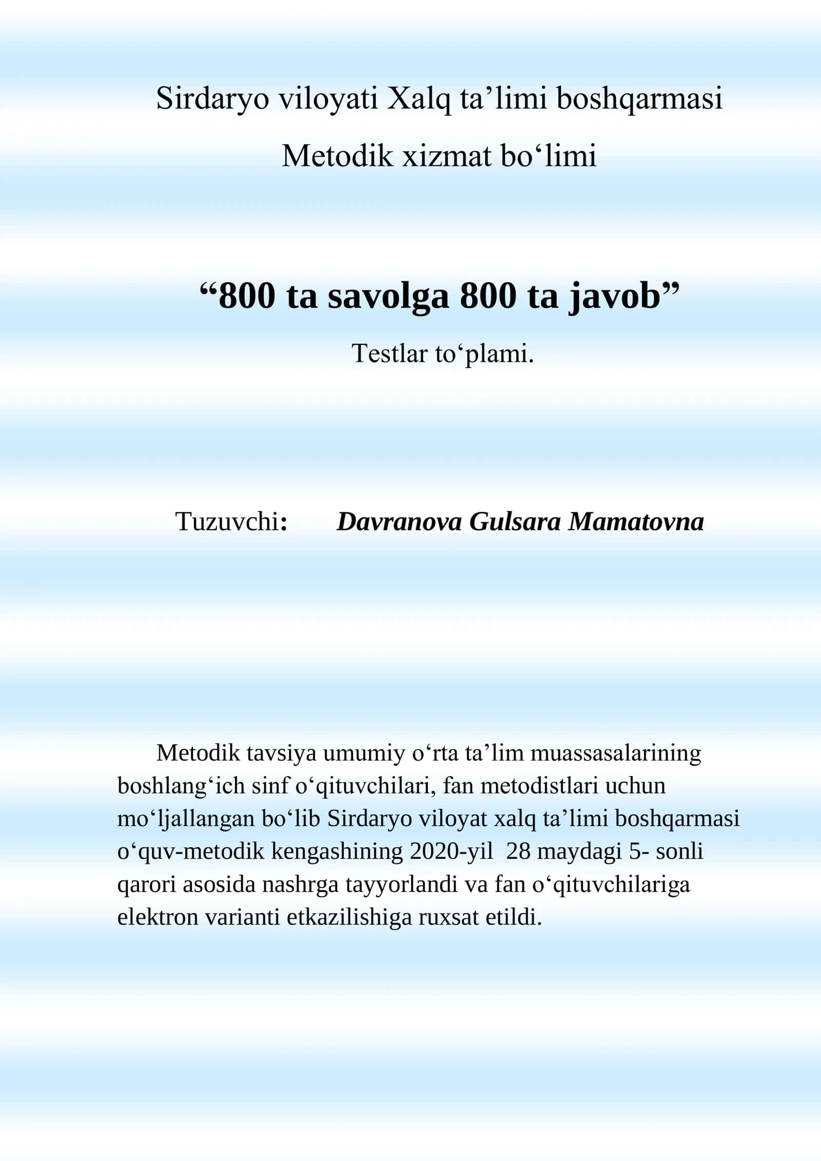 800 ta savolga 800 ta javob Testlar to'plami 2