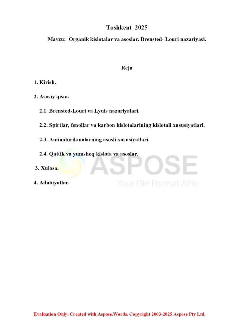 9. Organik kislotalar va asoslar. Brensted- Louri nazariyasi 2. Referat 22 bet 2