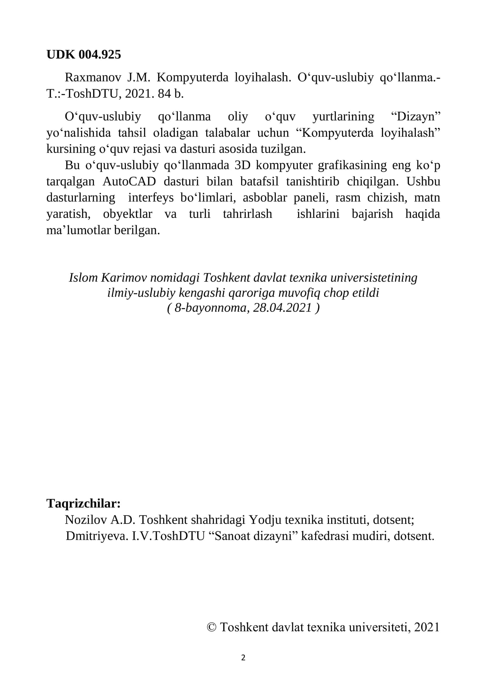 Kompyuterda loyihalash. O‘quv-uslubiy qo‘llanma 2