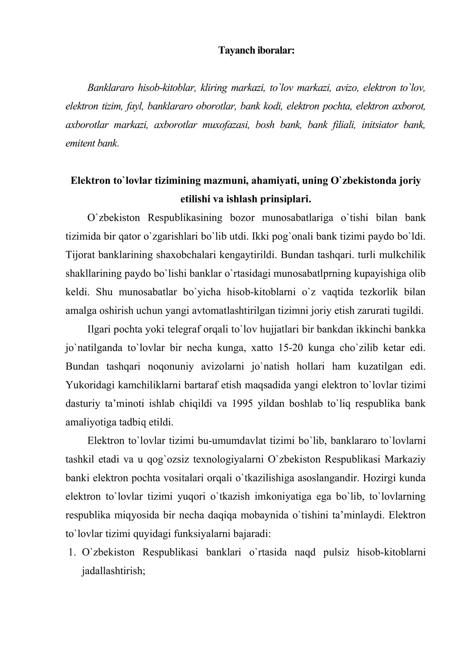 Elektron to`lov tizimi va uning banklararo hisob-kitoblarni tashkil etishdagi o`rni 2