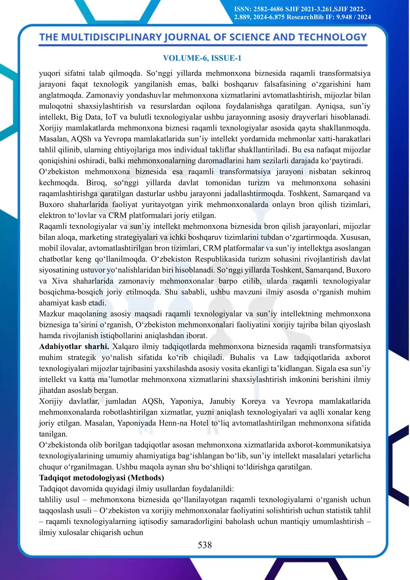 Raqamli Texnologiyalar va Sun’iy Intellectning Mehmonxona Biznesiga Ta’siri va Uning Rivojlanish Istiqbollari 2